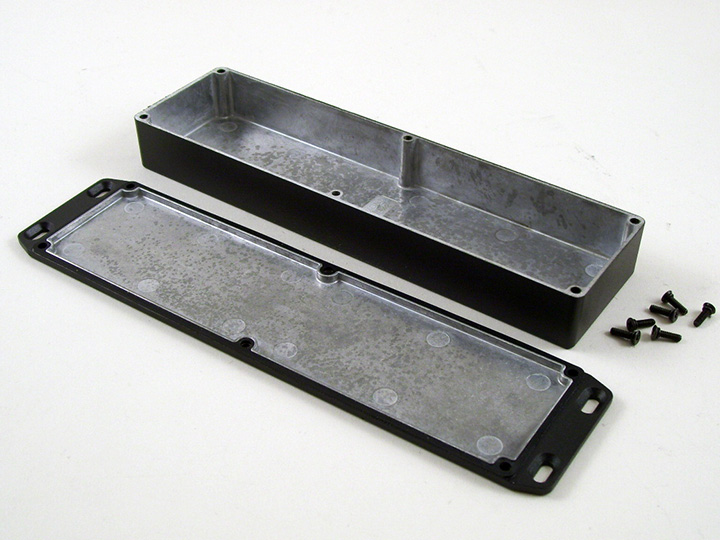 1590WBX2FLBK black textured low-profile watertight diecast enclosure with wall-mounting flanged lid
