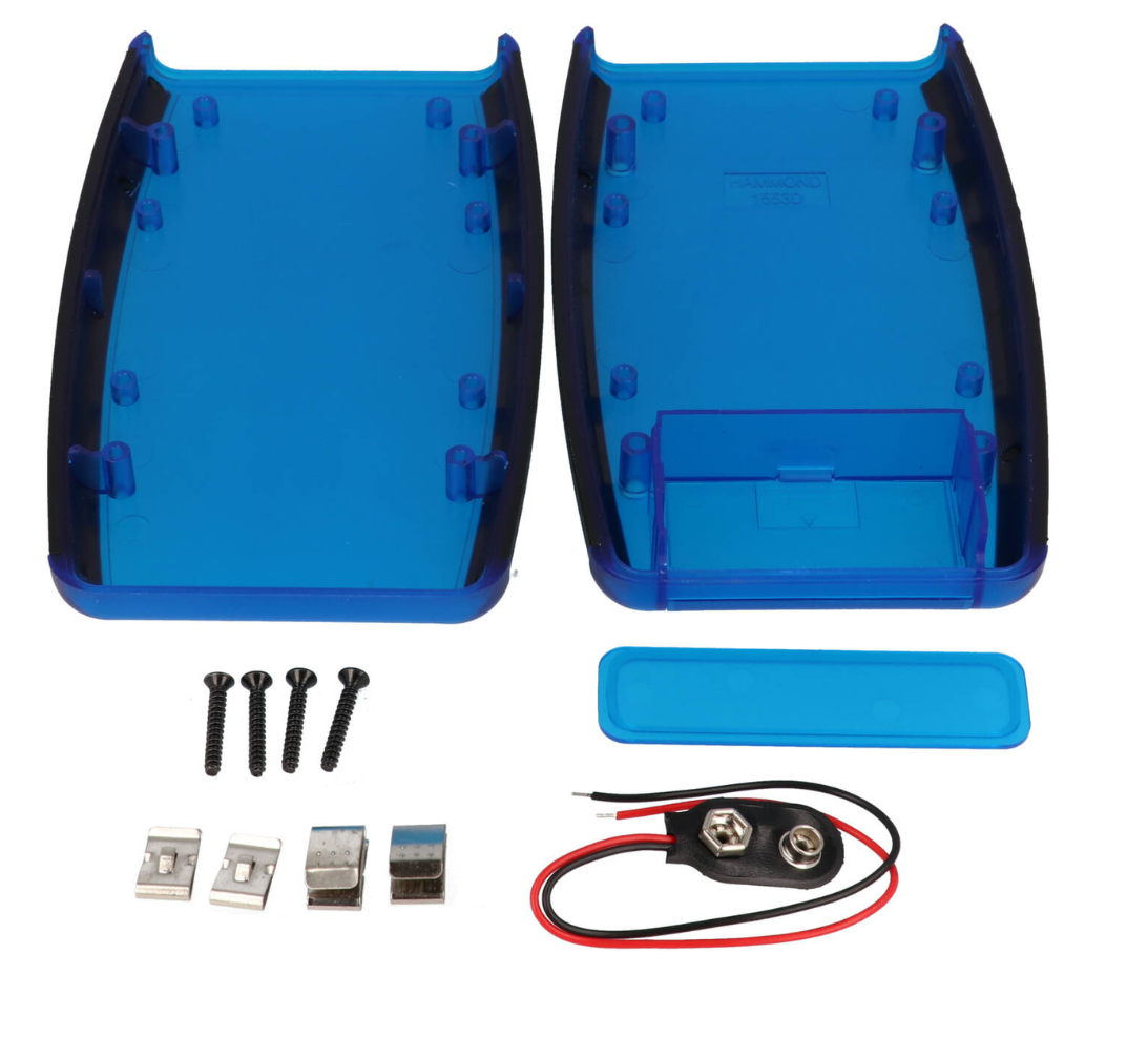 1553DTBUBKBAT translucent blue ABS hand held enclosure with black soft side overmold and battery door