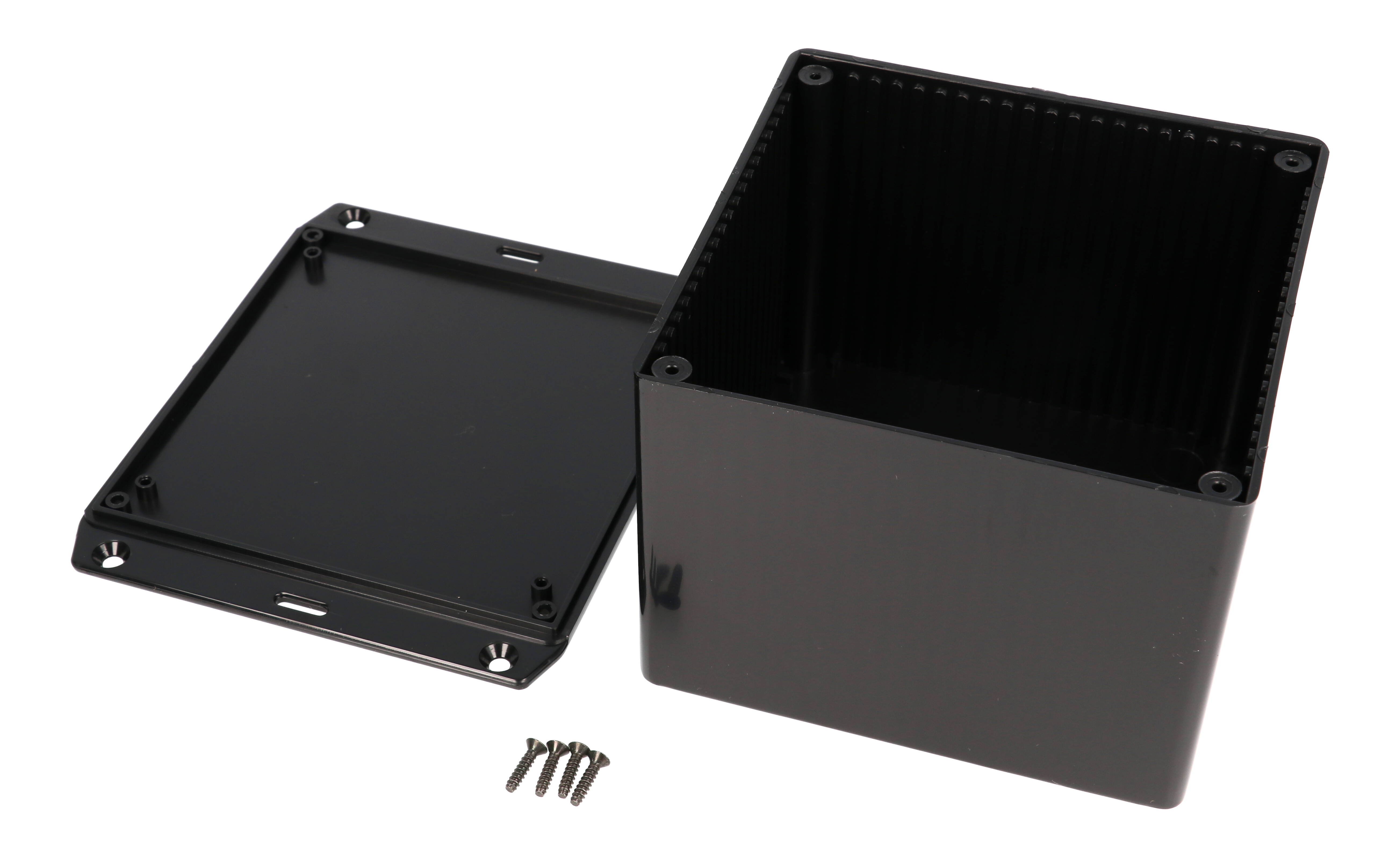 1591VSFLBK black ABS plastic enclosure with flanged lid, 120 x 120 x 94 mm