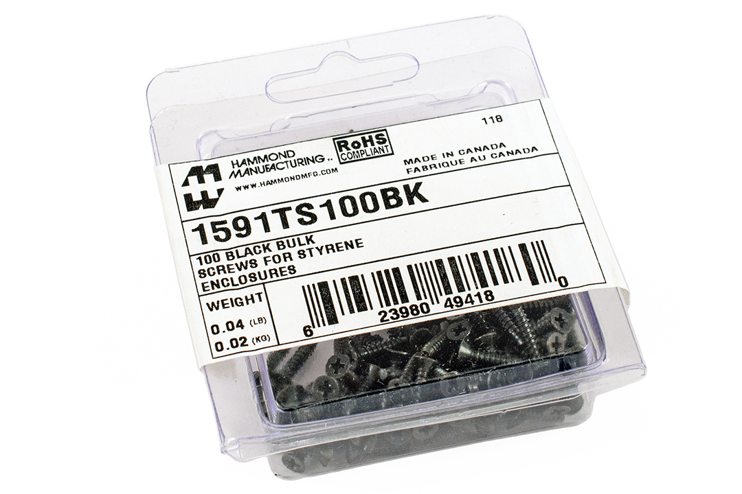 1591TS100BK 100-pack of black #4 x 1/2 inch steel self-tapping screws for plastic enclosures