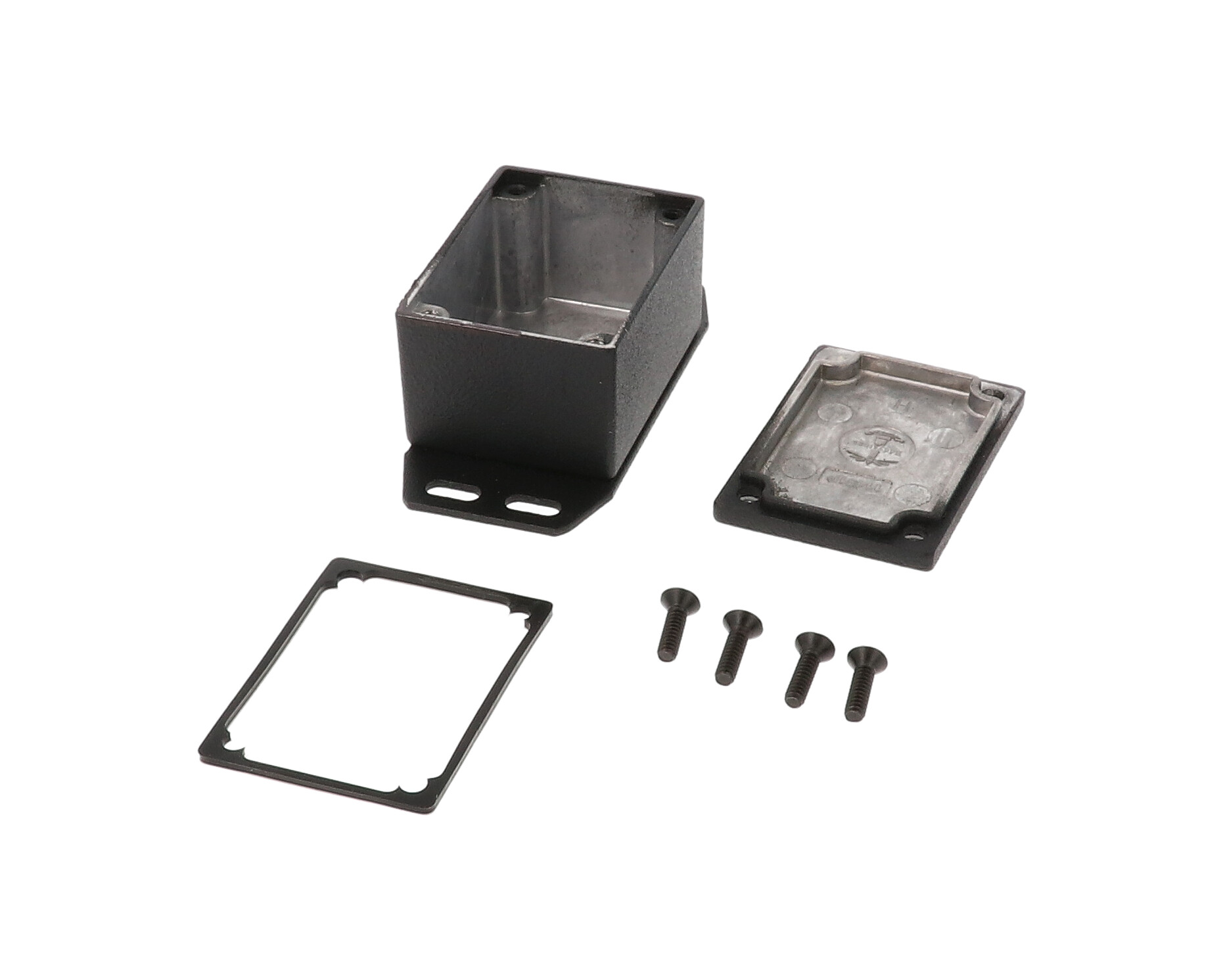 1590WHFBK black textured IP65 watertight diecast enclosure, 53 x 38 x 31 mm, with flanged bottom plate