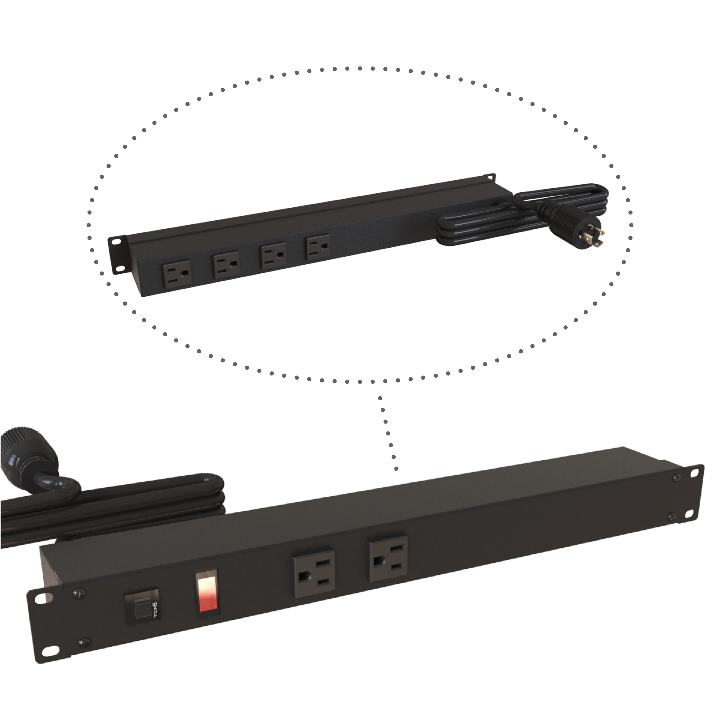 Hammond 1583T6C1BKX 1U 19-inch rack mount outlet strip in black with six NEMA 5-15R outlets, power indicator light and resettable circuit breaker