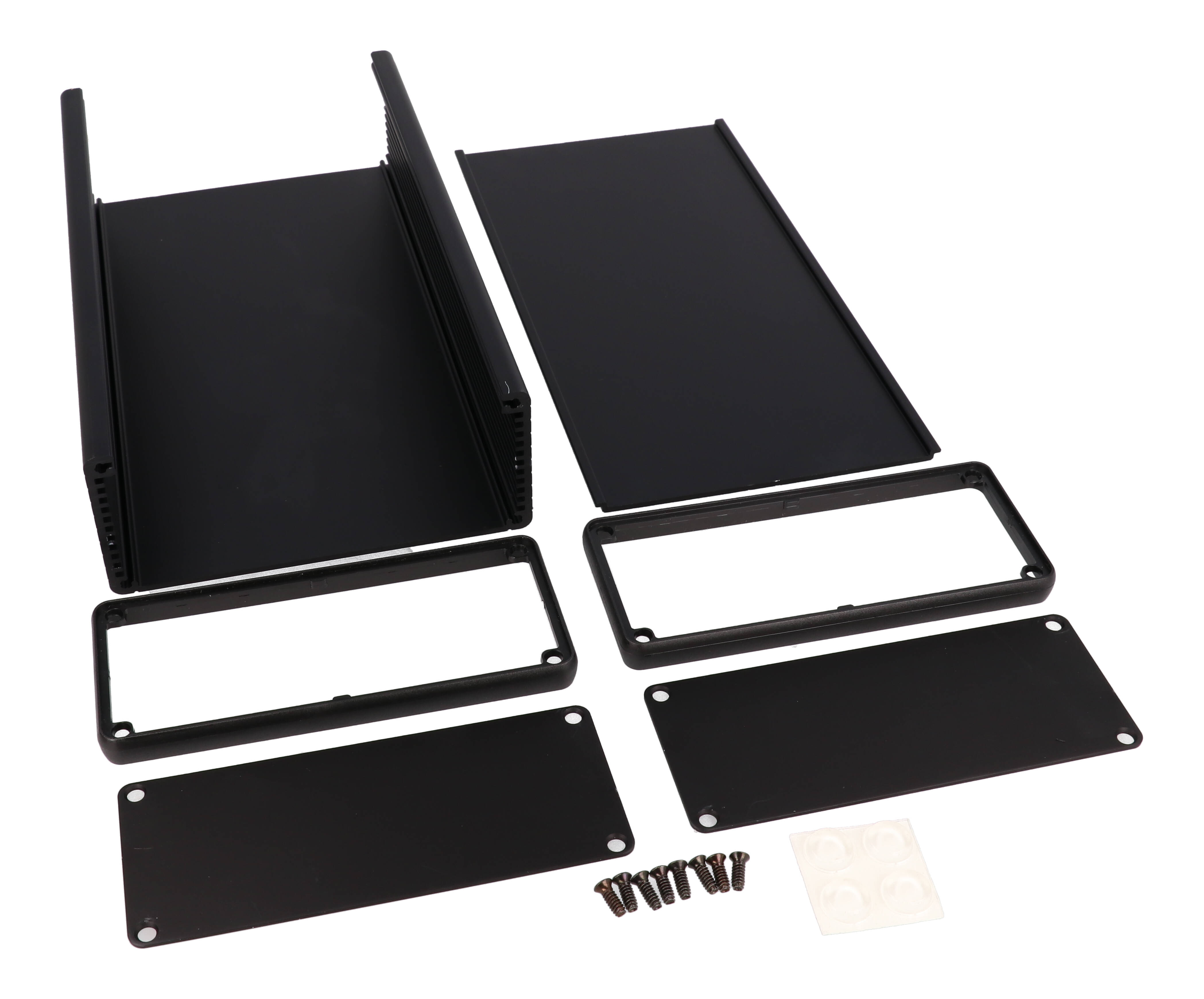 1455Q2201BK black anodized extruded aluminum PC board enclosure 220 x 125 x 51.5 mm with aluminum end panels and open bezels