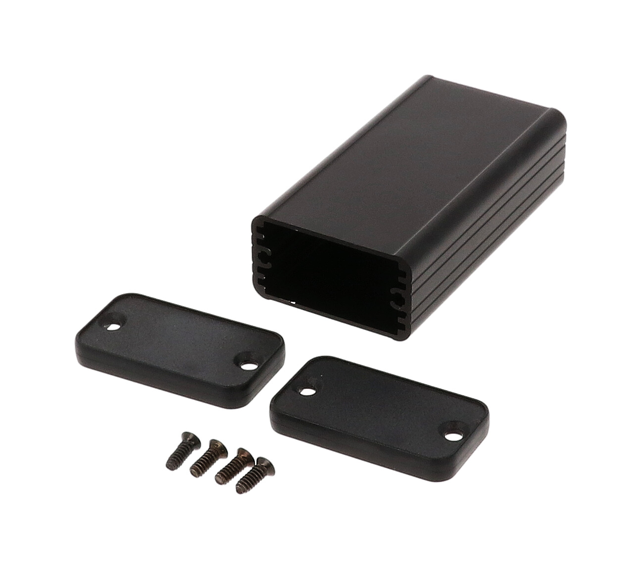 1455D802BK black anodized extruded aluminum enclosure, 80 x 45 x 25 mm, with closed black plastic end panels