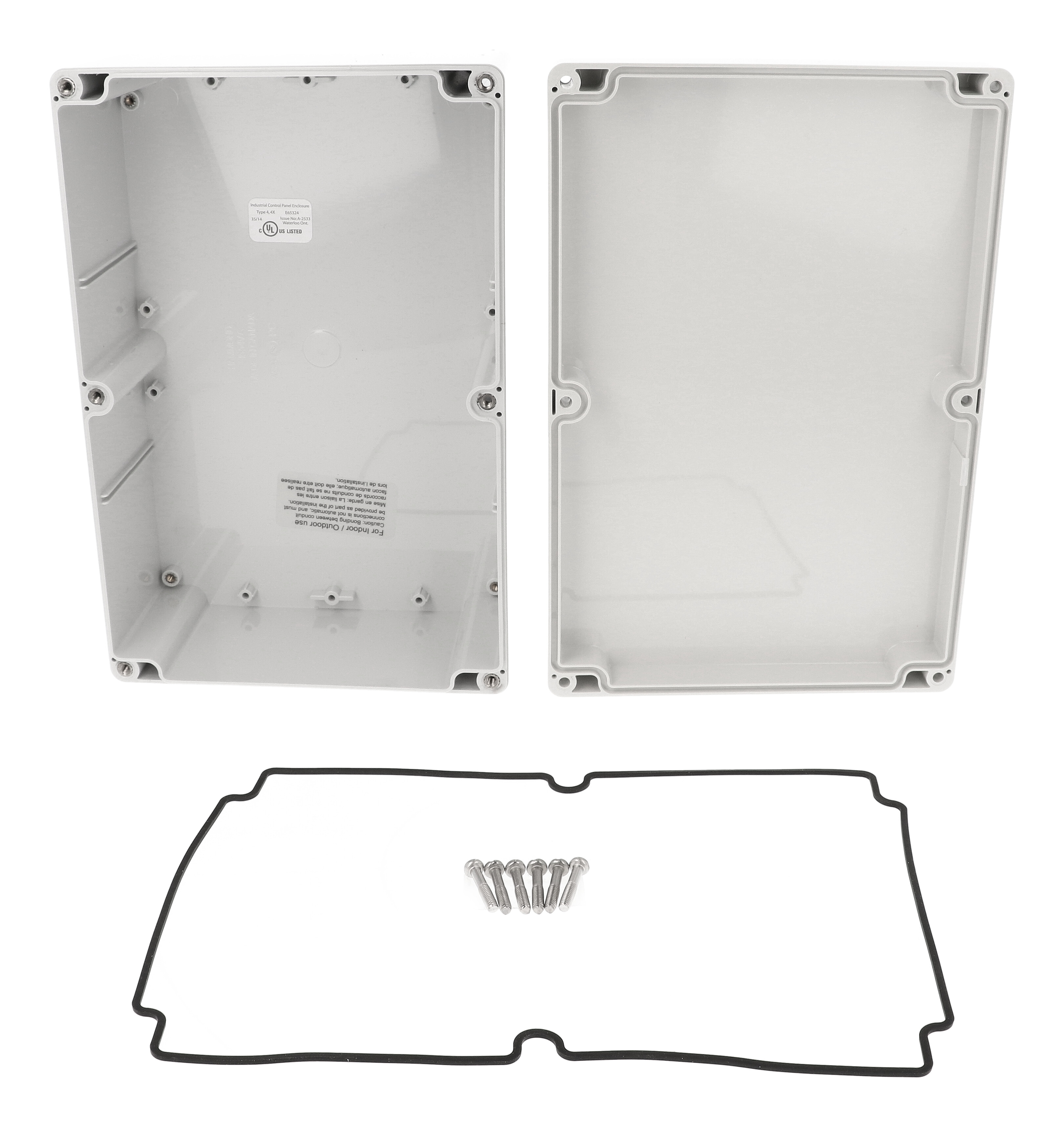 1554VA2GY light gray polycarbonate watertight enclosure, 240 x 160 x 90 mm, six-screw lid