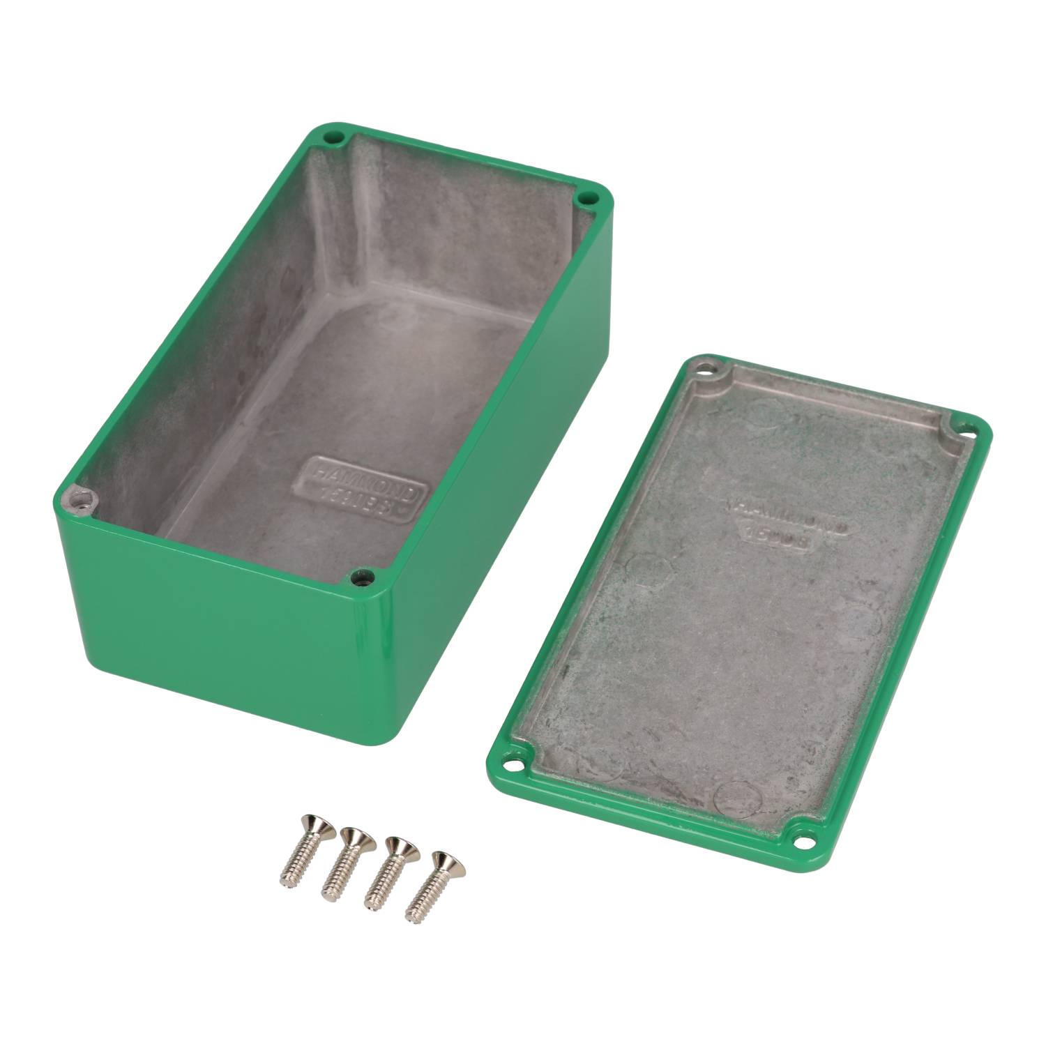 1590BSGR green powder coated diecast aluminum stomp box enclosure, 112 x 61 x 38 mm, with lid
