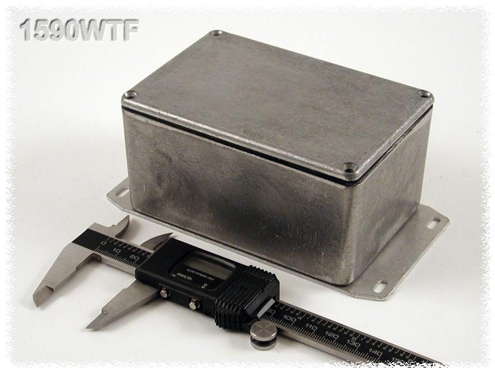 1590WTF natural aluminum IP65 water-tight diecast aluminum enclosure with a welded flanged bottom plate, 120x80x59mm