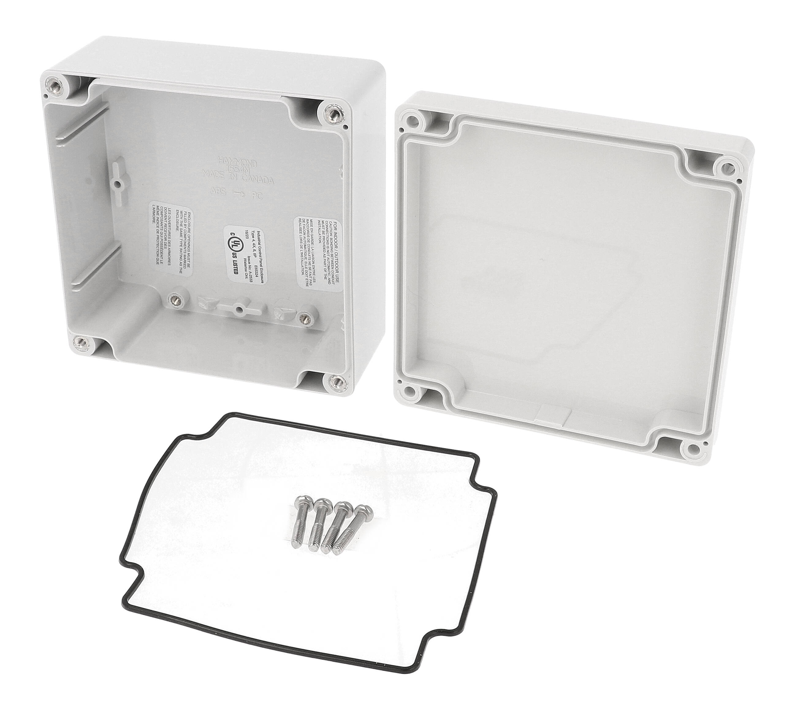 1554N2GY light gray polycarbonate watertight enclosure, 120 x 120 x 61 mm, with gasketed screw-cover lid