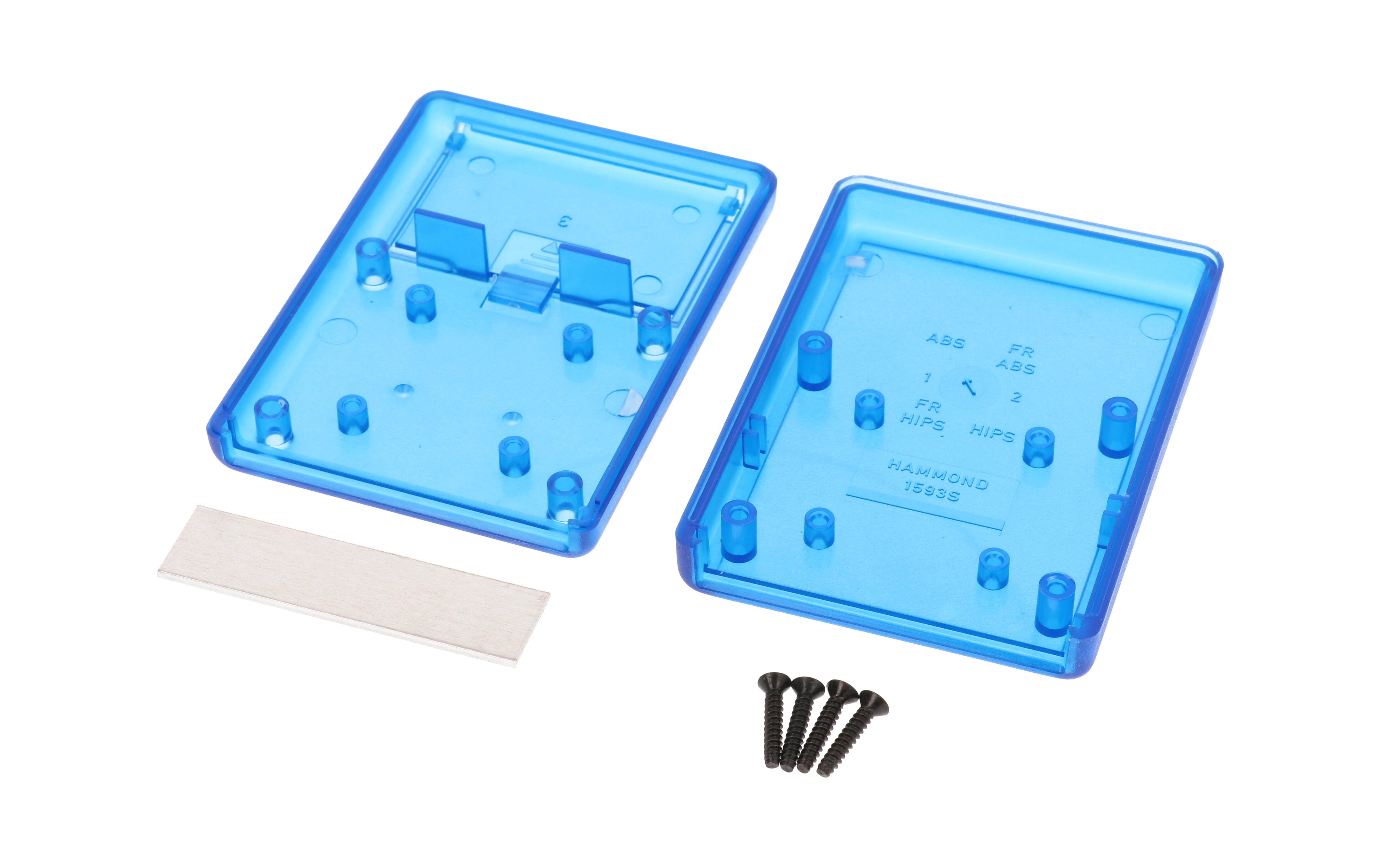 1593SALTBU translucent blue ABS hand held instrument enclosure, 92 x 66.5 x 21 mm, with aluminum end panel and battery door