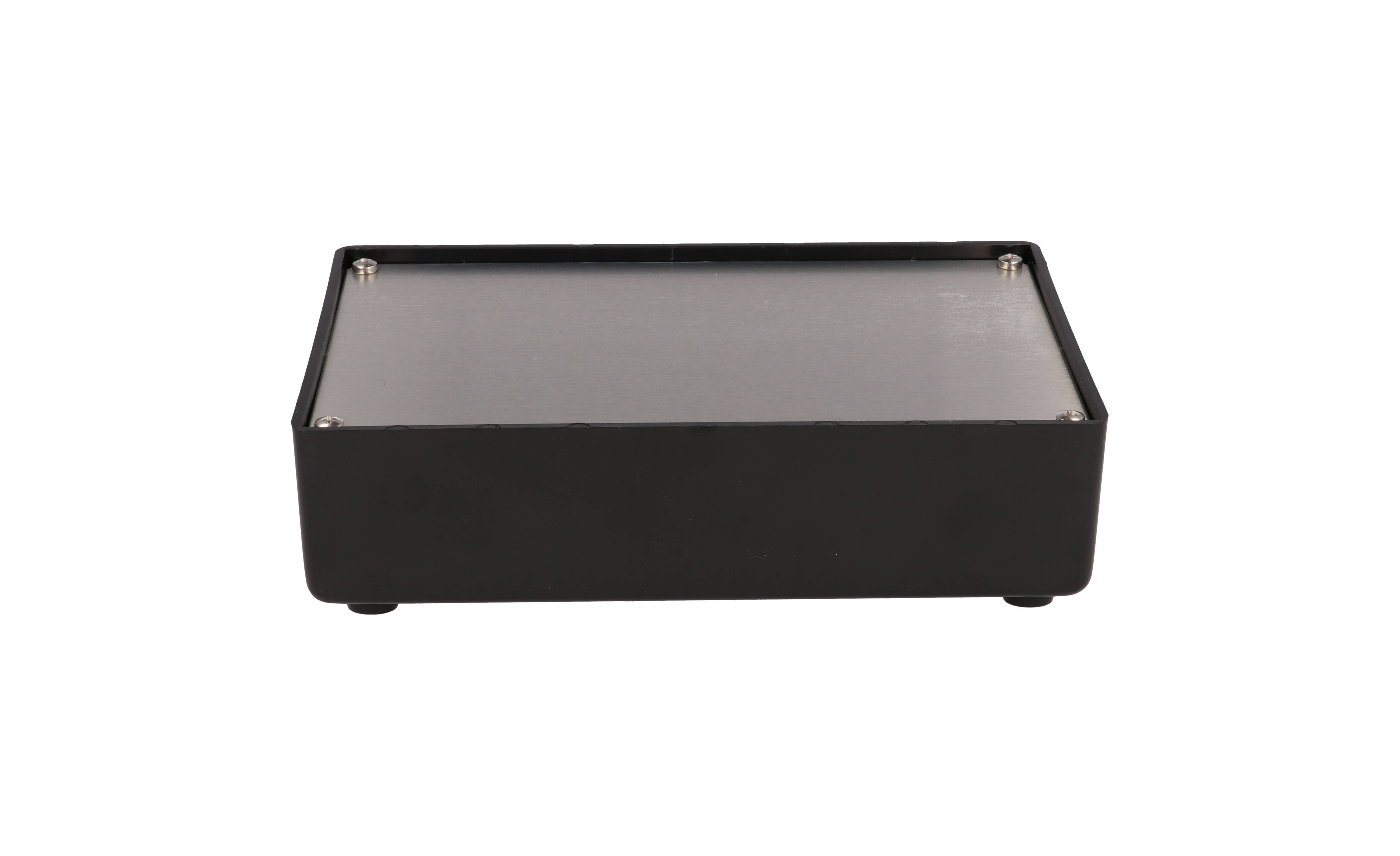 1595CBK black sloped plastic console enclosure with recessed aluminum front panel, 161 x 96 x 58 mm