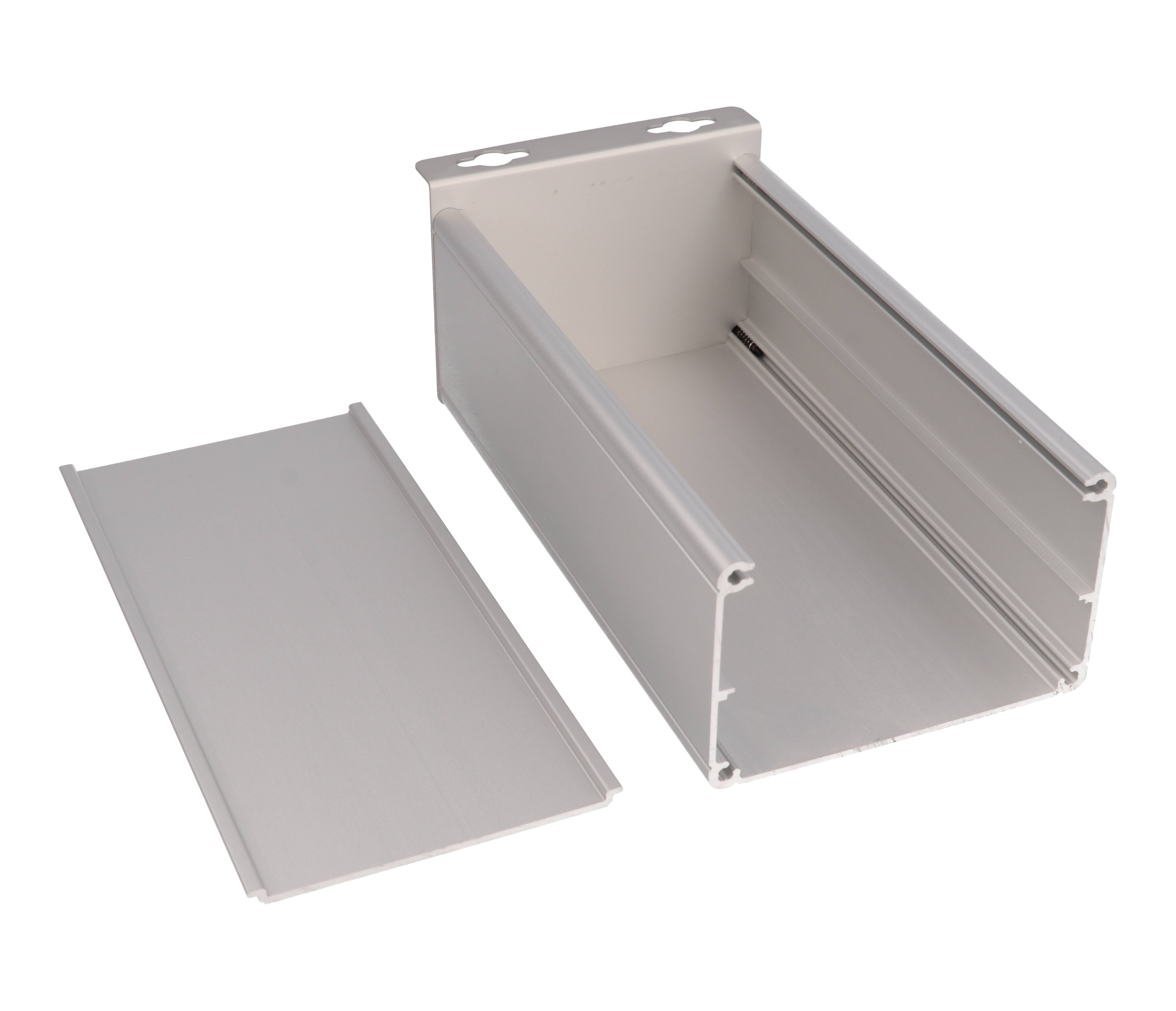 1455ZT1601 clear anodized wallmount extruded aluminum enclosure, 160 x 89 x 56 mm, with keyhole mounting brackets
