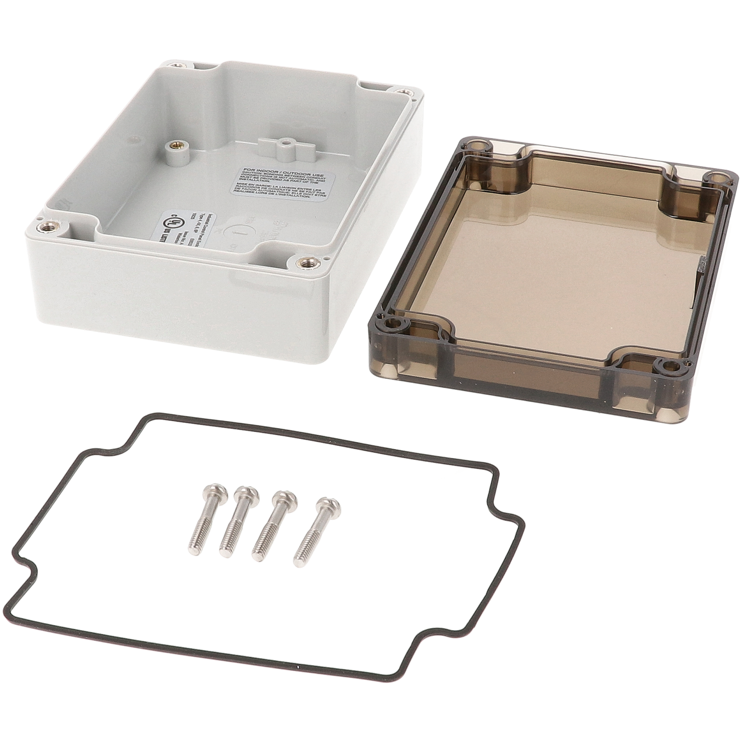 1554FL2GYSL low-profile light gray polycarbonate enclosure with smoke-tinted lid