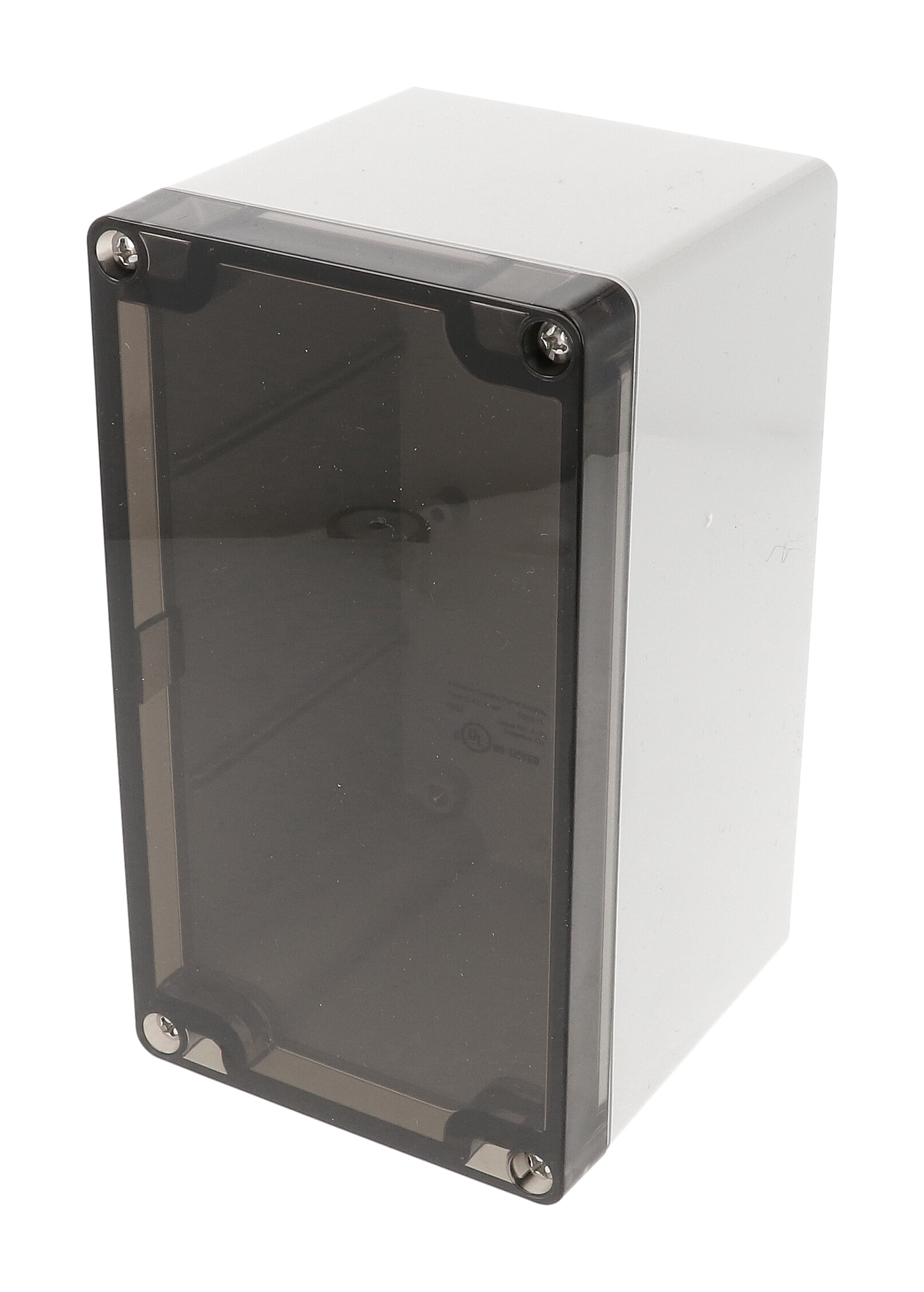 1554K2GYSL gray polycarbonate enclosure with smoked lid, 160 x 89 x 89 mm