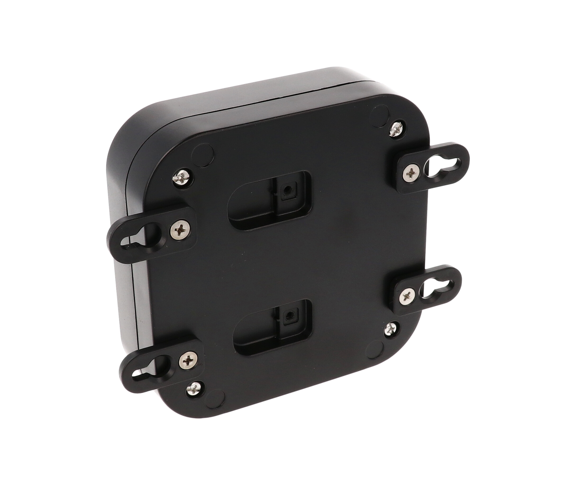 1557DBK black ABS low-profile watertight enclosure, 120 x 120 x 45 mm, with four lid screws