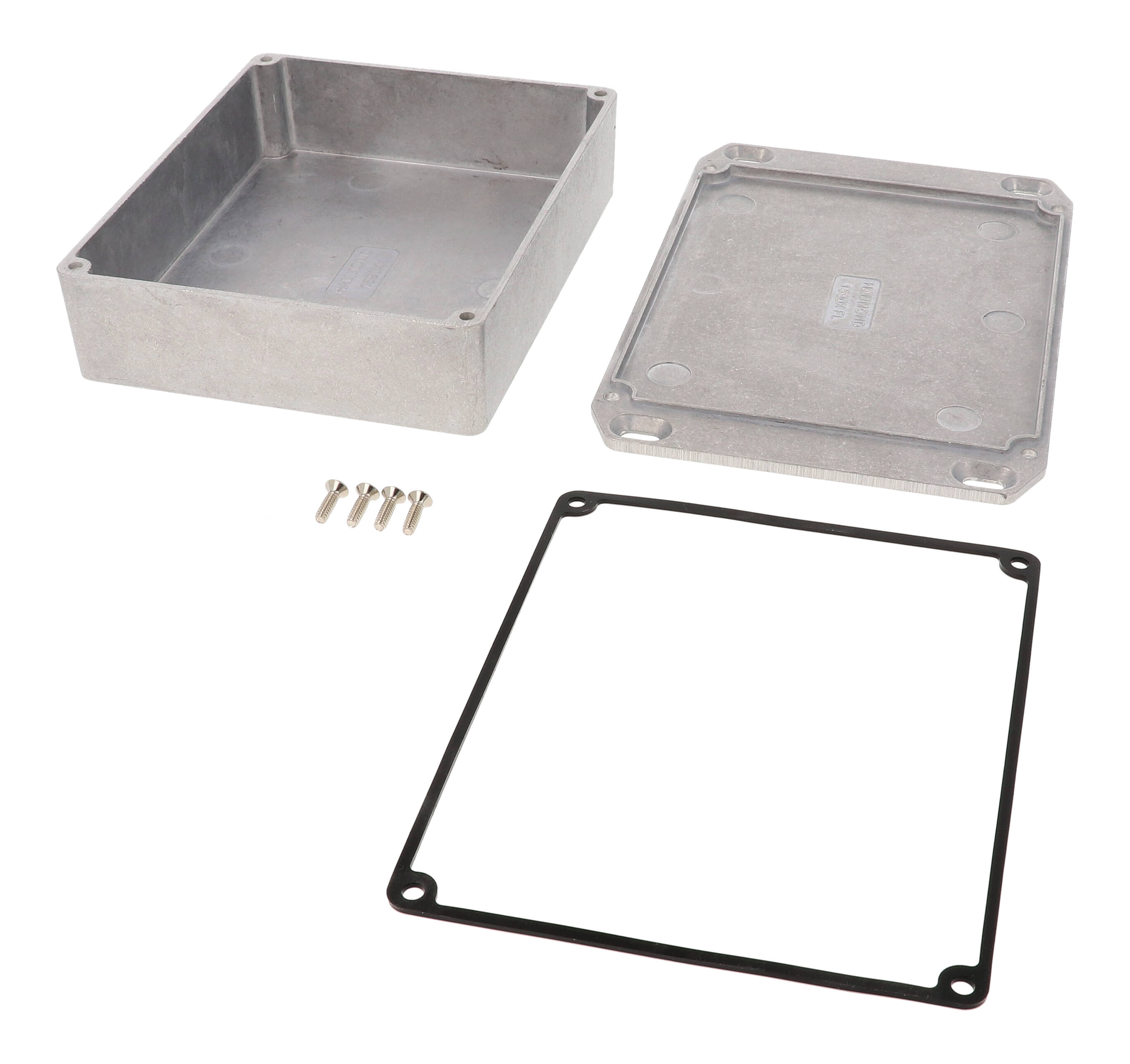 1590WXXFL natural aluminum watertight diecast aluminum enclosure with flanged mounting lid, 145 mm x 121 mm x 39 mm
