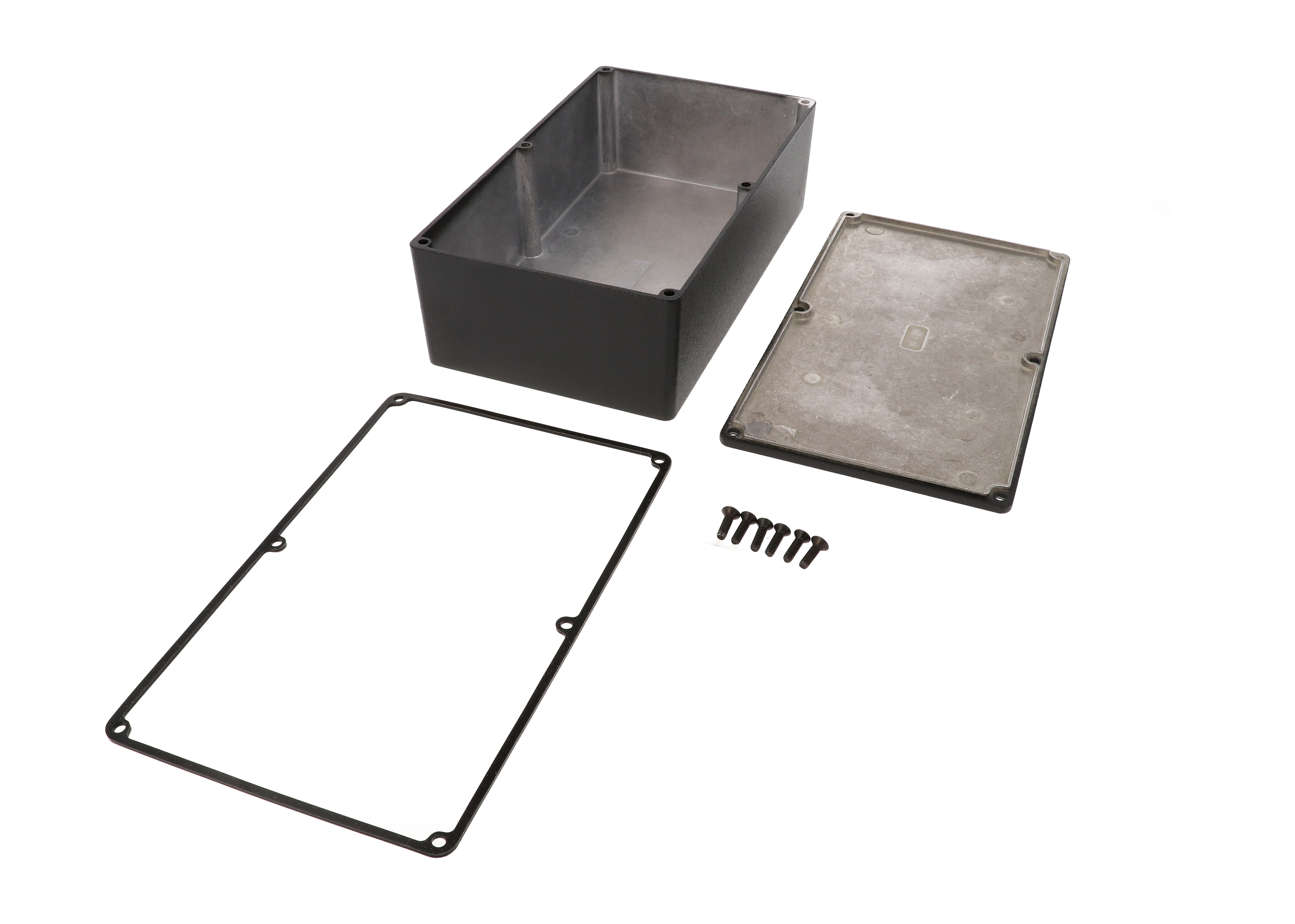 1590WR1BK black textured IP65 water-tight diecast aluminum enclosure with no mounting flanges, 192x112x61mm