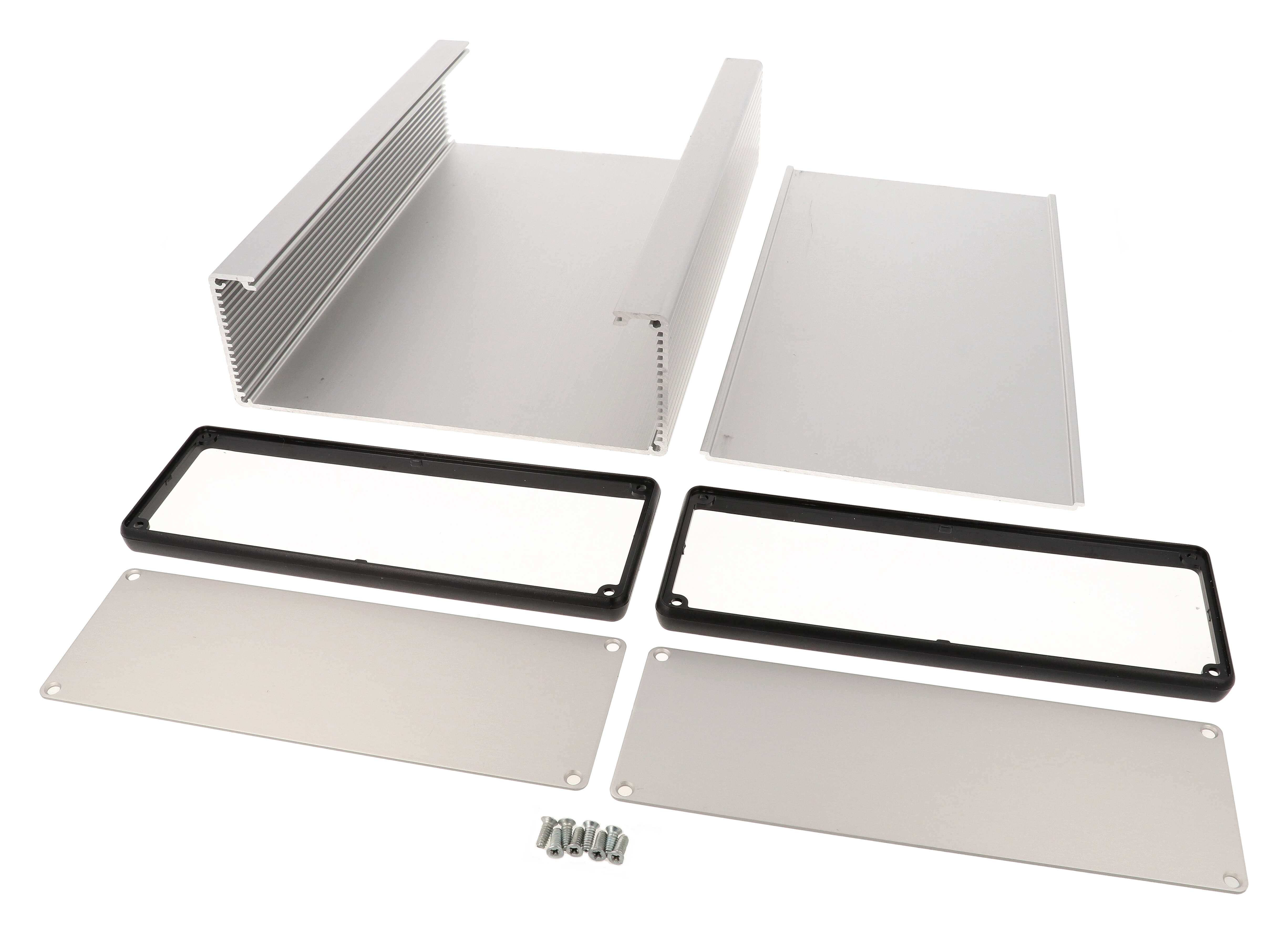 1455U2801 clear anodized extruded aluminum enclosure, 280 x 191 x 66 mm, with aluminum end panels and black open bezels