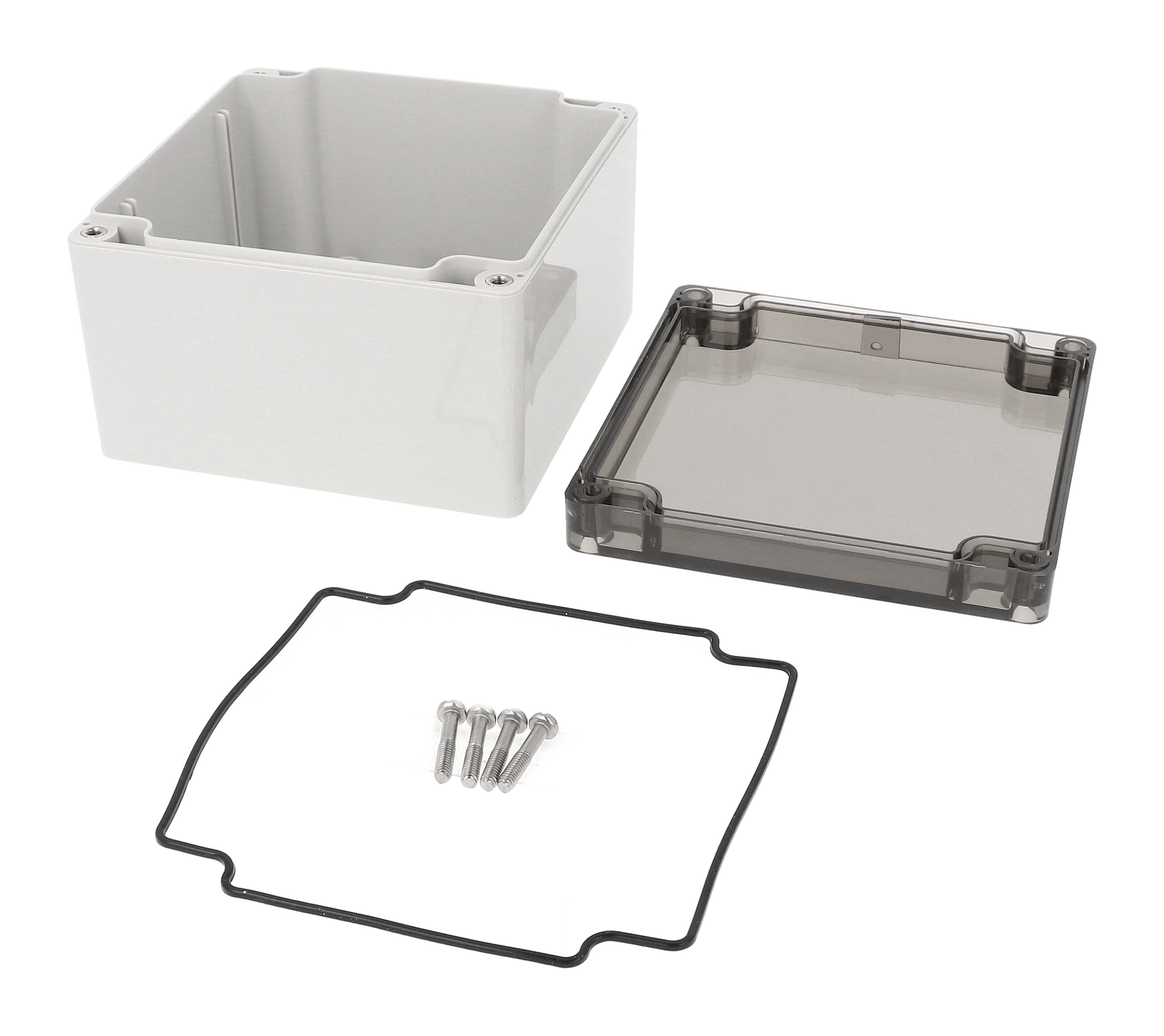 1554P2GYSL light gray polycarbonate enclosure with smoked lid, 120 x 120 x 80 mm