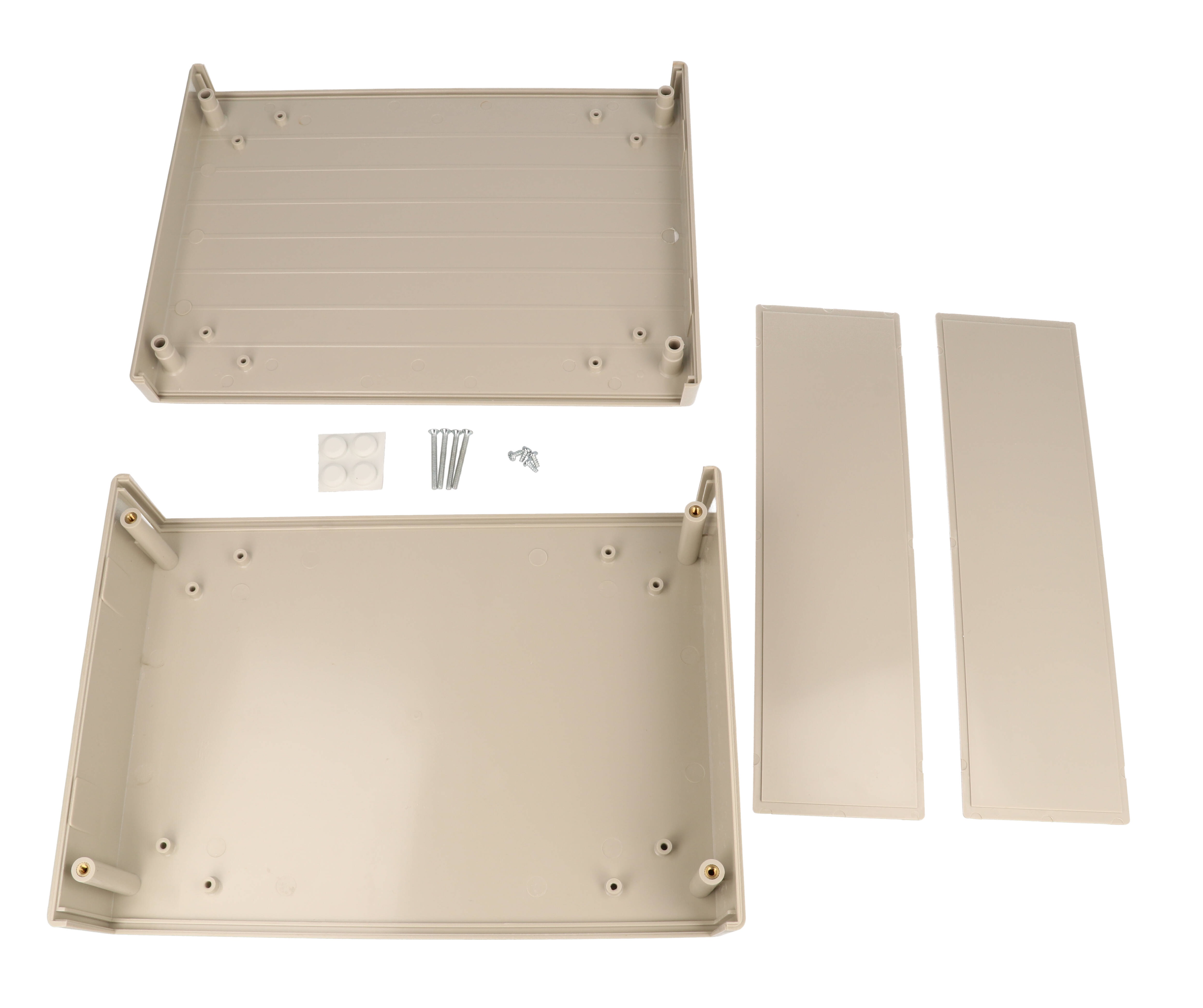 RM2095M light grey ABS instrument enclosure, 250 x 180 x 75.5 mm clam shell case with front and rear panels