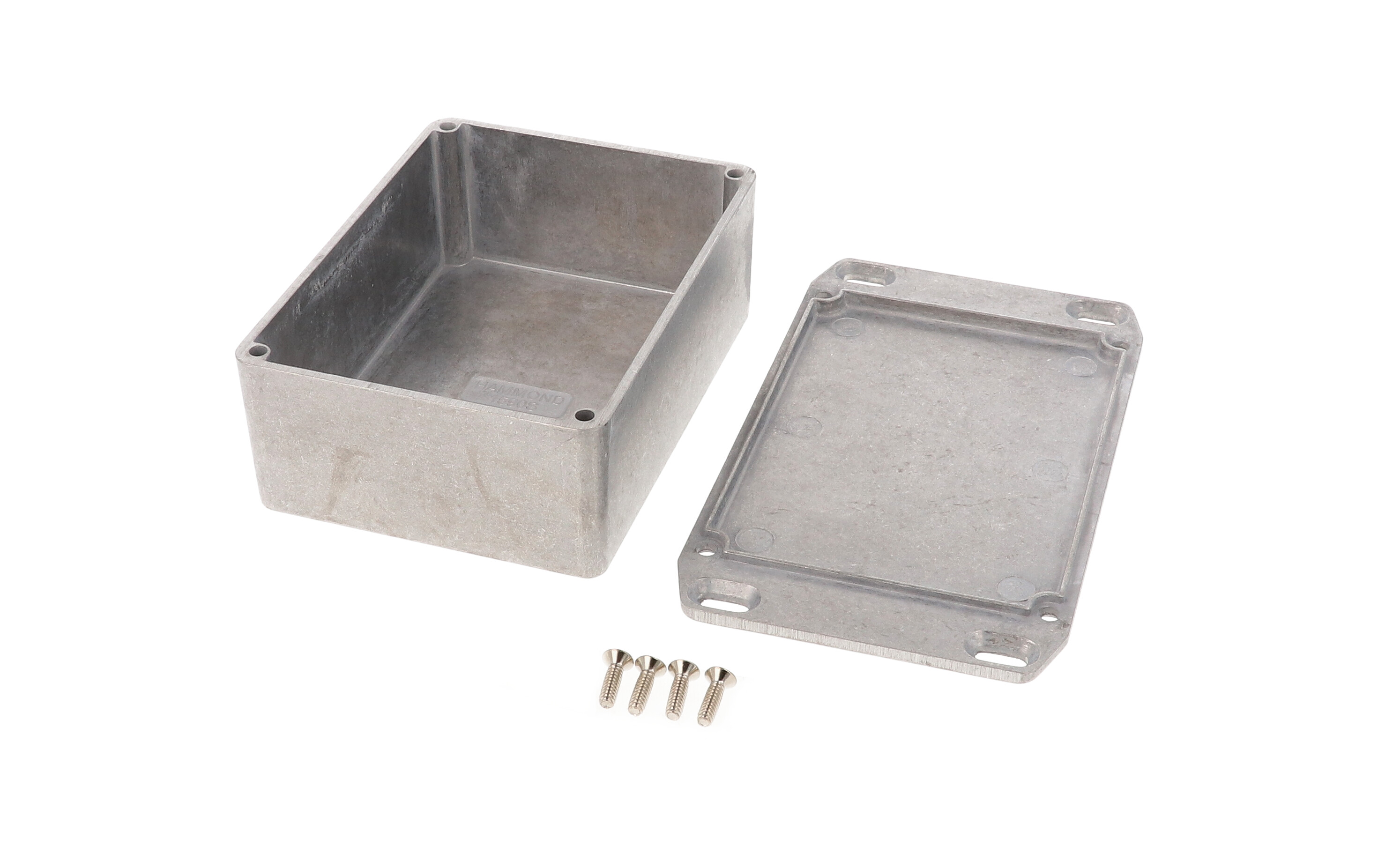 1590SFL natural aluminum diecast aluminum enclosure with wall-mounting flanged lid, 110 x 82 x 44 mm
