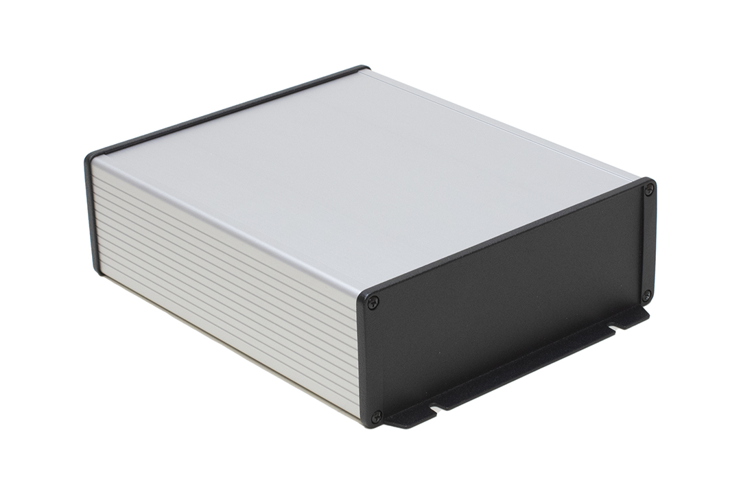 1457U2202 clear anodized extruded aluminum IP65 PCB enclosure, 220 mm long, with black flanged end panels