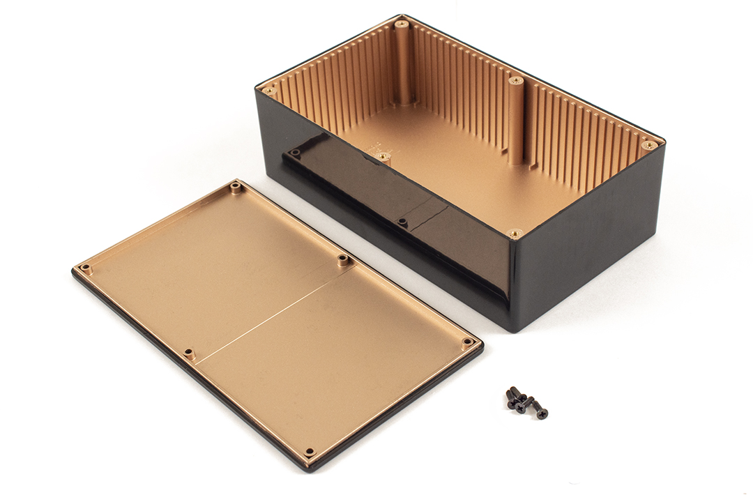 1591REBK black ABS enclosure, 190 x 111 x 61 mm, with EMI/RFI copper conductive coating inside