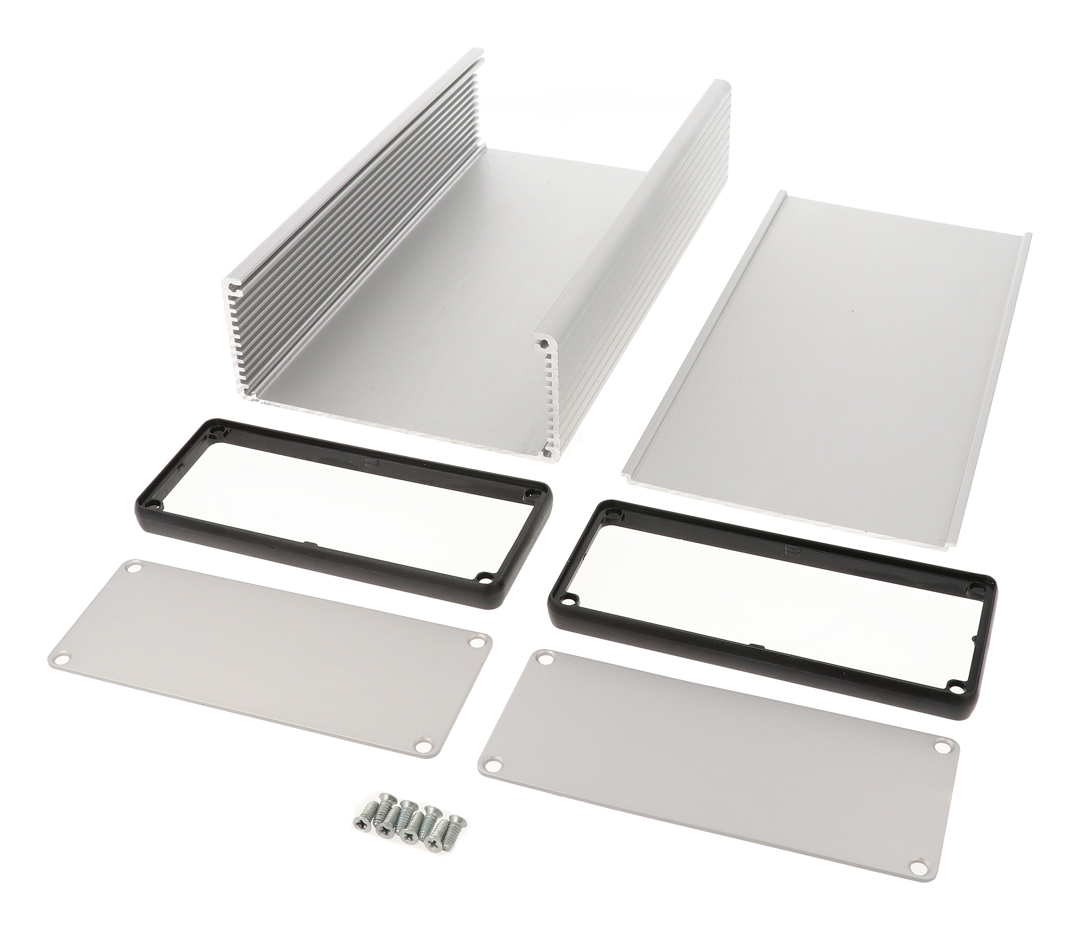 1455Q2201 clear anodized extruded aluminum PC board enclosure 220 x 125 x 51.5 mm with aluminum end panels and open bezels