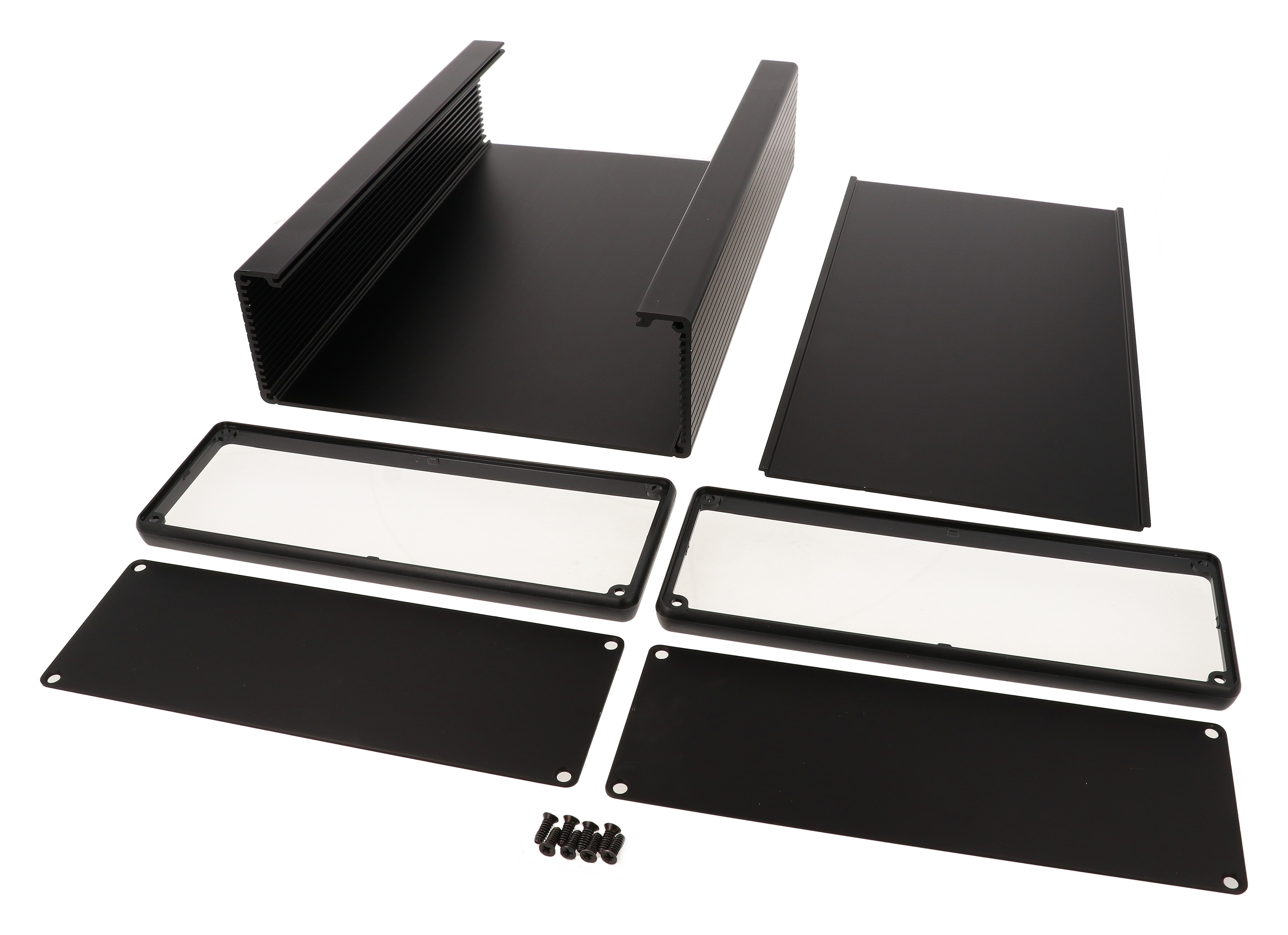 1455U2801BK black anodized extruded aluminum enclosure, 280 x 191 x 66 mm, with aluminum end panels and black open bezels