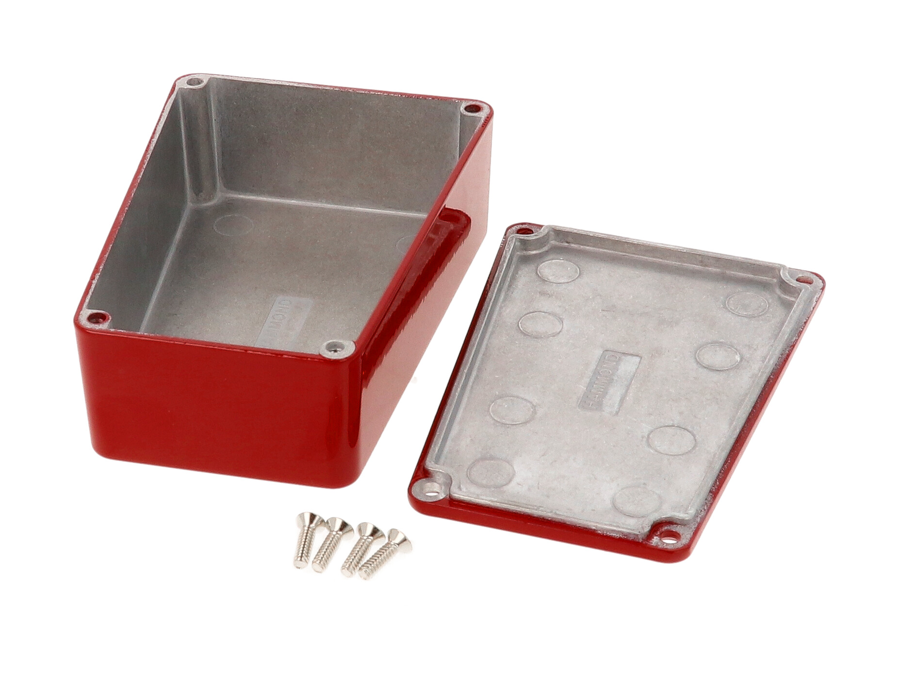 1590TRPBRD red painted diecast aluminum narrow trapezoid stomp box enclosure with lid and cover screws