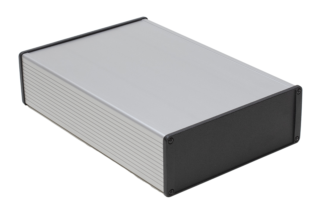 Hammond 1457U2801E clear anodized EMI shielded extruded aluminum enclosure, 280 x 191 x 68 mm, with flat black diecast end panels