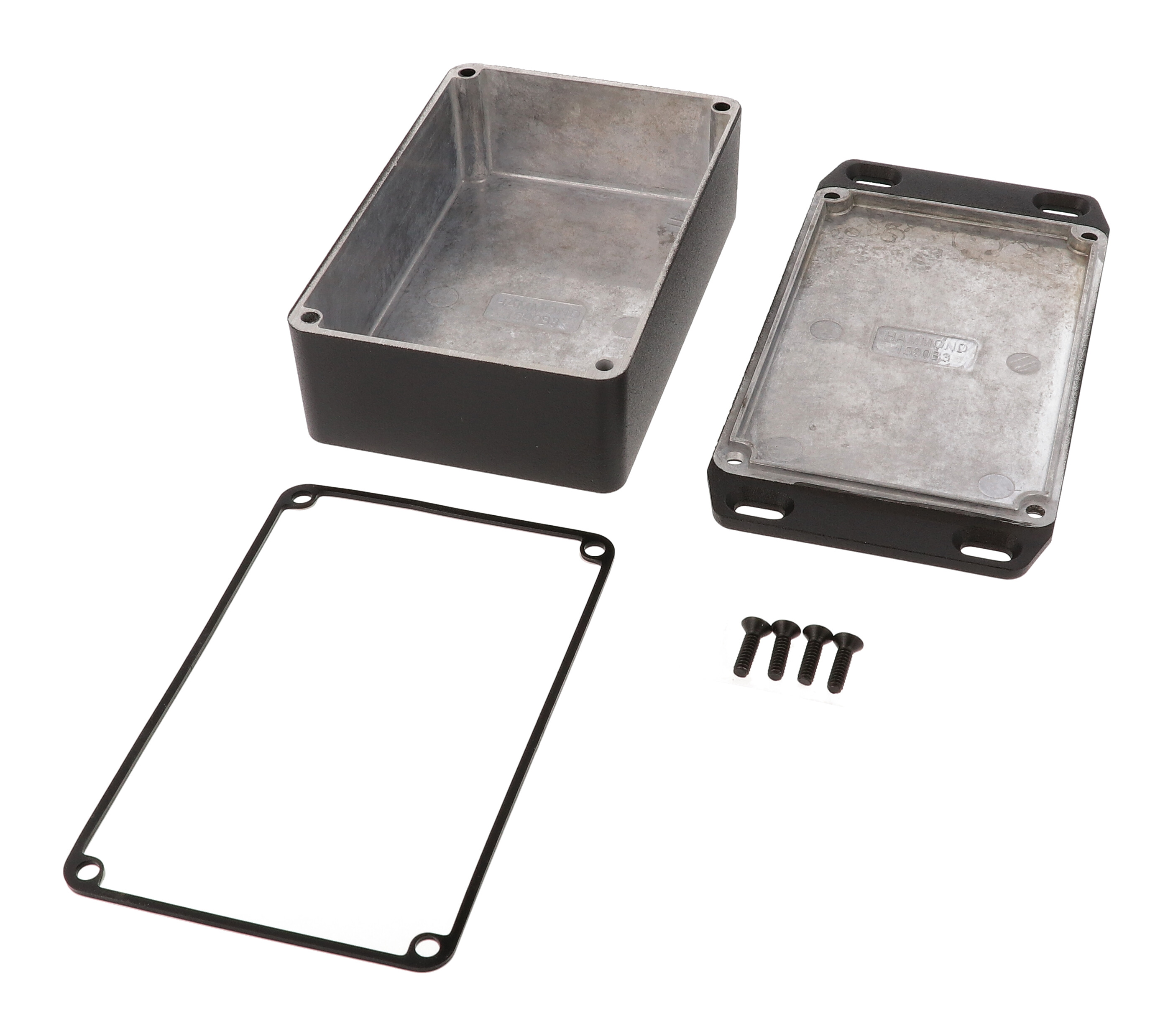 1590WB3FLBK black textured IP65 watertight diecast enclosure, 116 x 77 x 38 mm, wall-mounting flanged lid