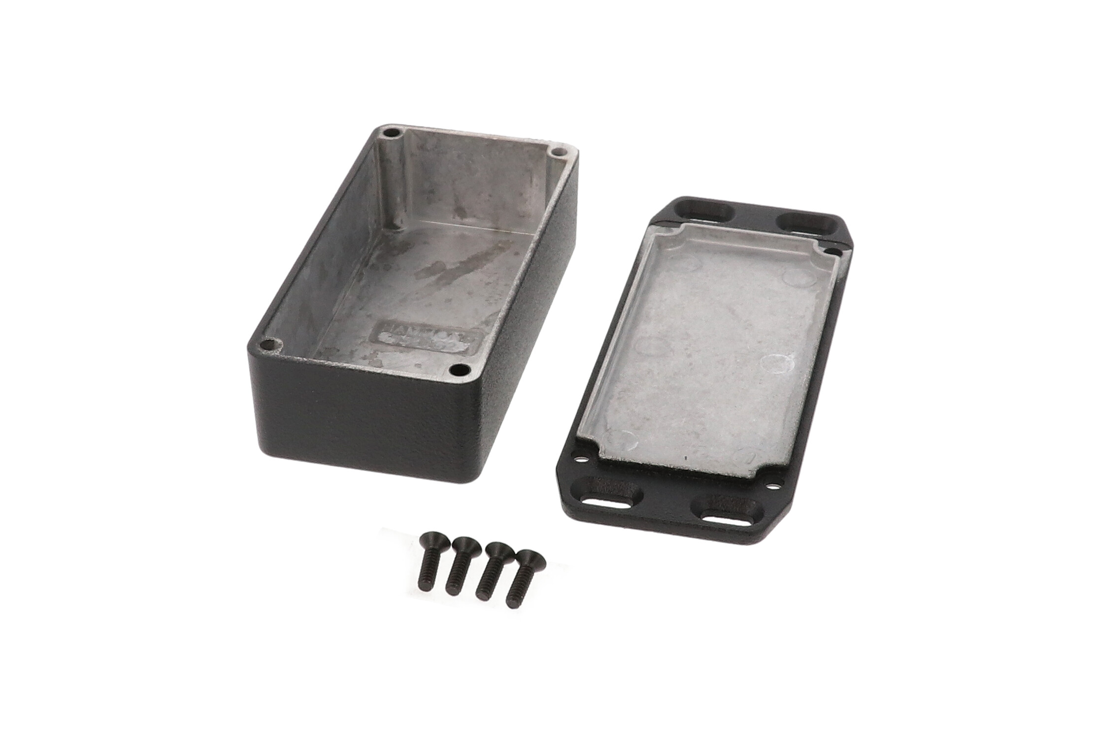 1590G2FLBK black diecast aluminum enclosure with flanged lid for wall mounting, 100 x 50 x 31 mm