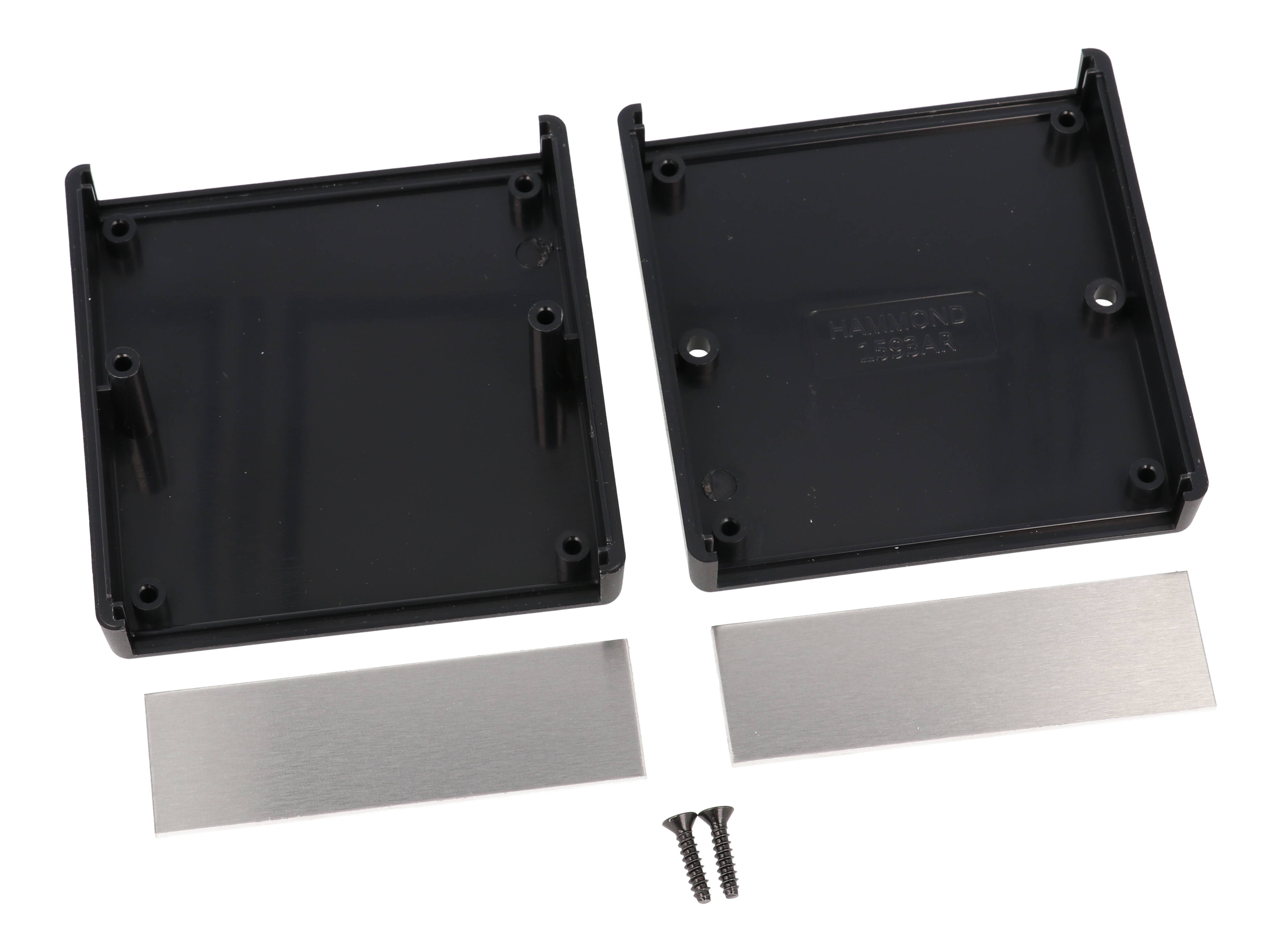 1593ARALBK black ABS hand held enclosure with aluminum end panels, 75 x 74 x 27 mm