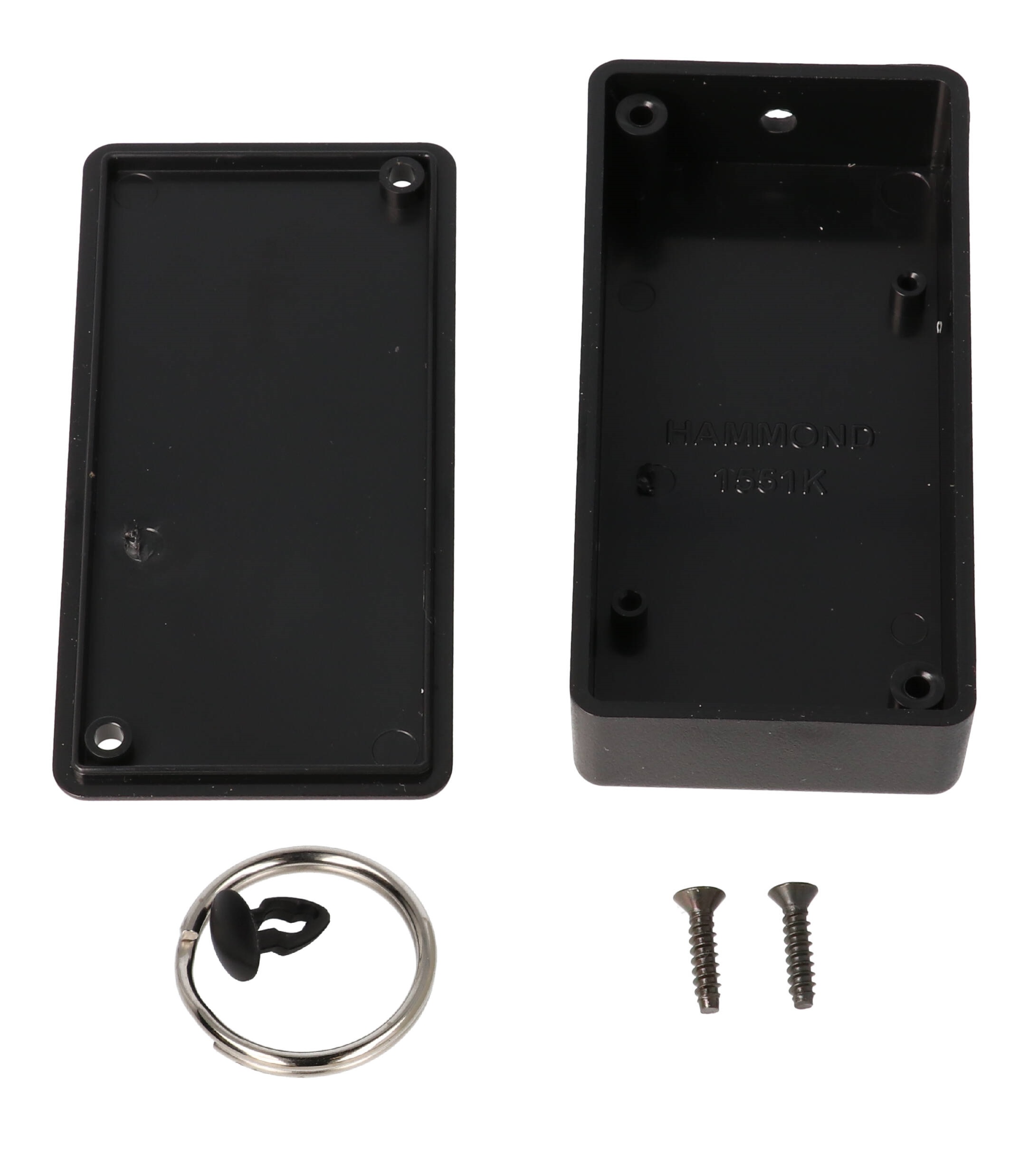 1551KRBK black ABS plastic miniature hand held enclosure with key ring, 80 x 40 x 20 mm