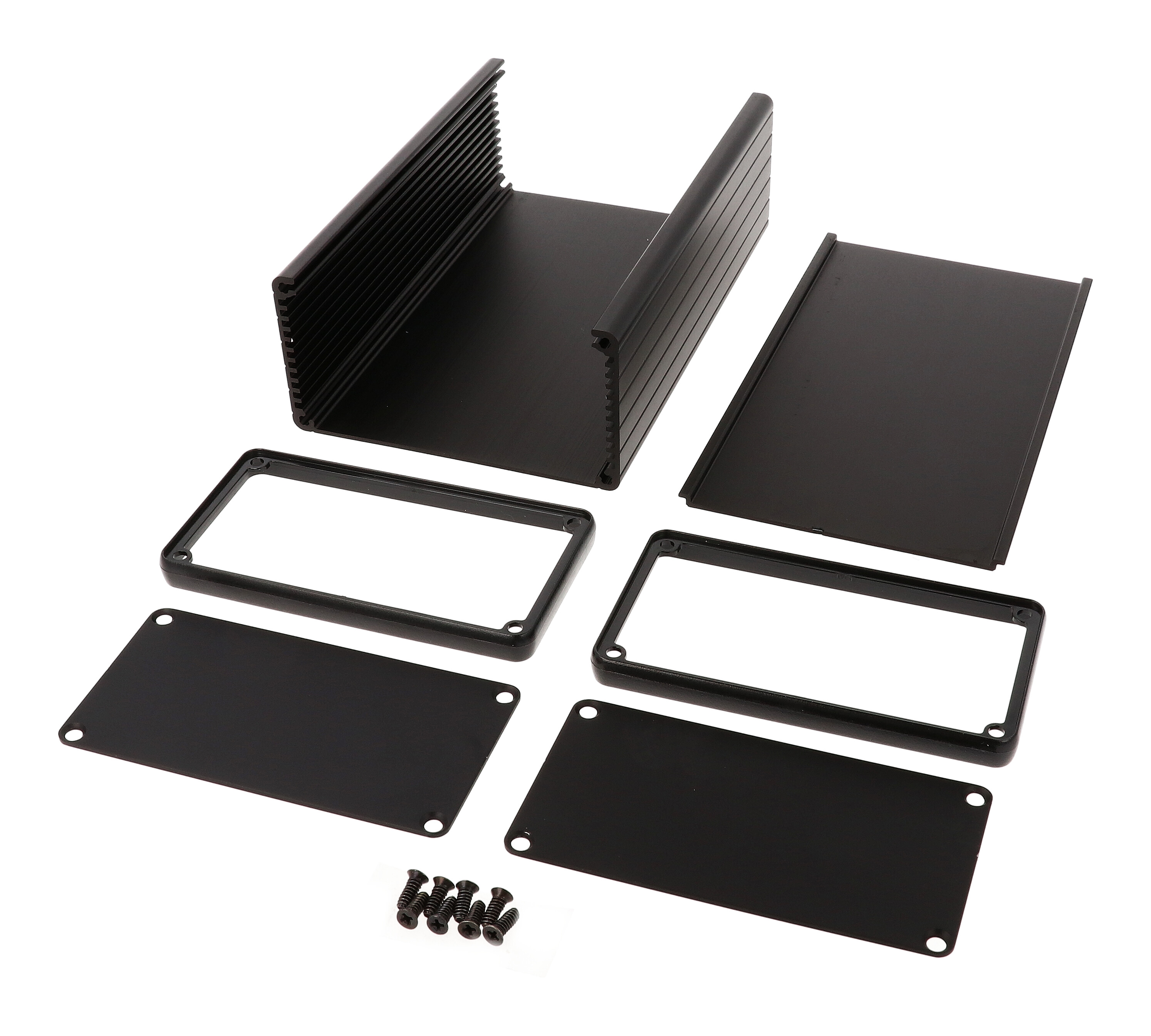 1455N1601BK black anodized extruded aluminum enclosure, 160 x 103 x 53 mm, with metal end panels