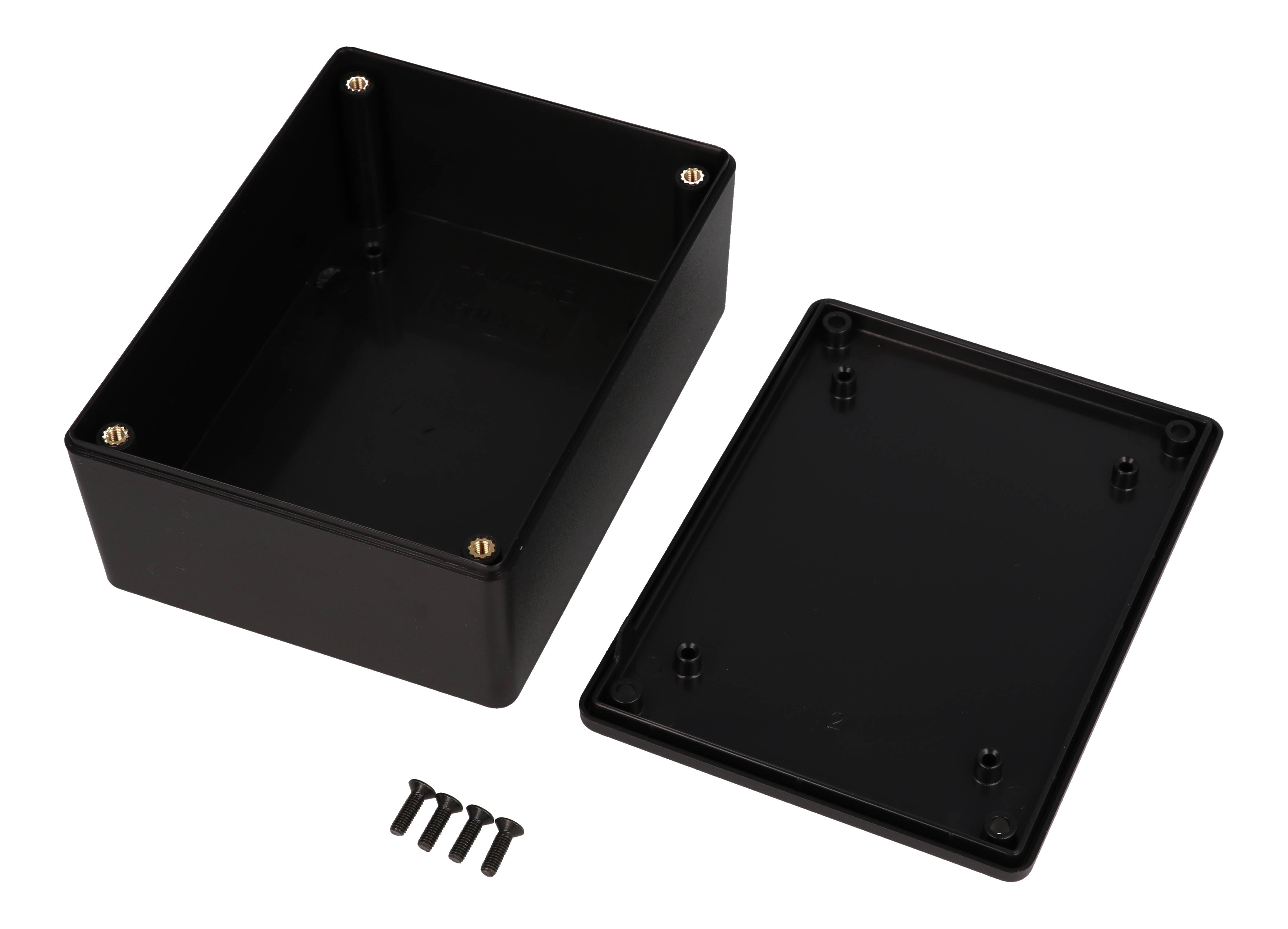 1591XXSBK black ABS plastic enclosure with PC board standoffs, 113 x 85 x 44 mm
