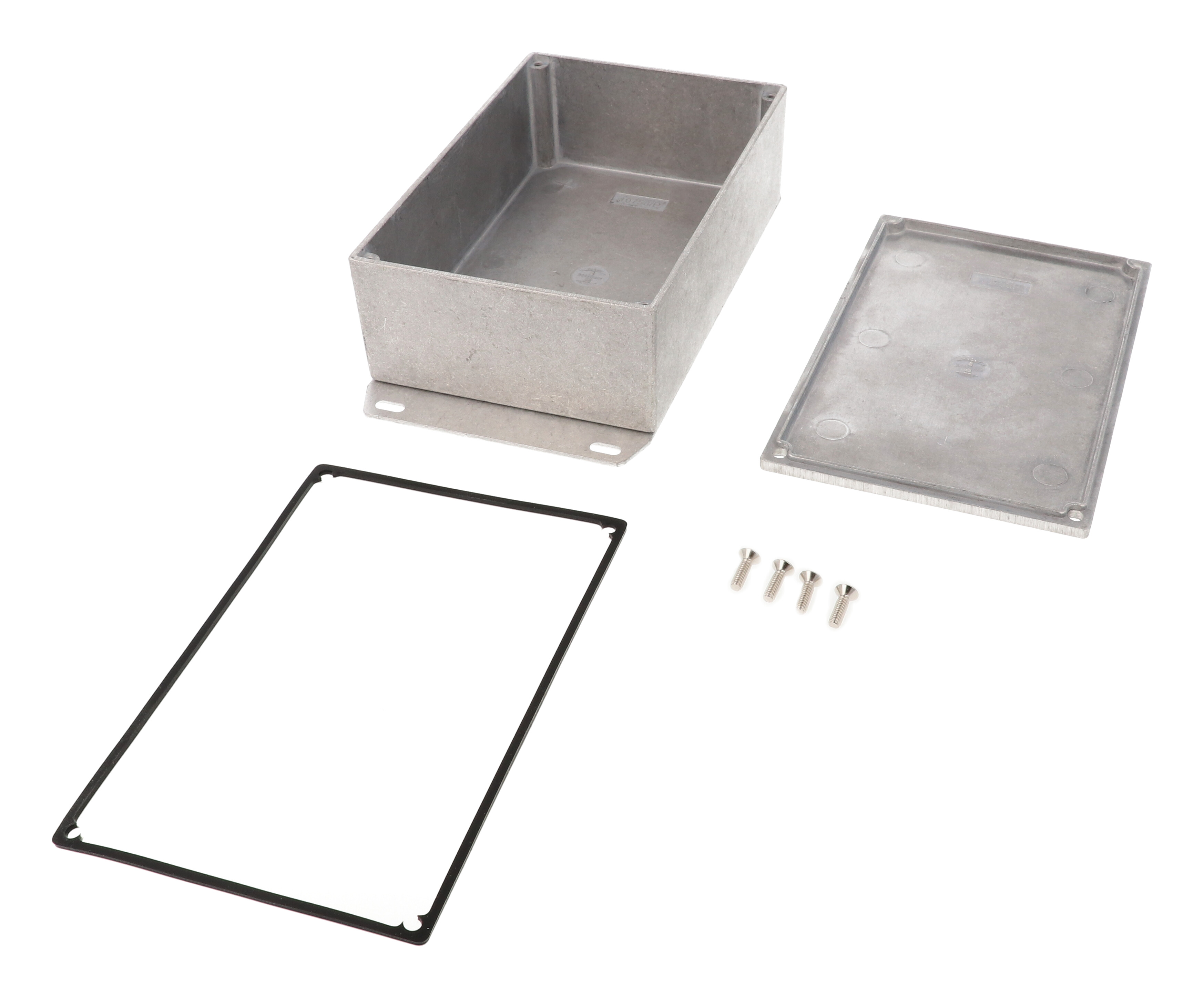 1590WJF natural aluminum IP65 watertight diecast enclosure, 145 x 95 x 49 mm, with flanged bottom plate