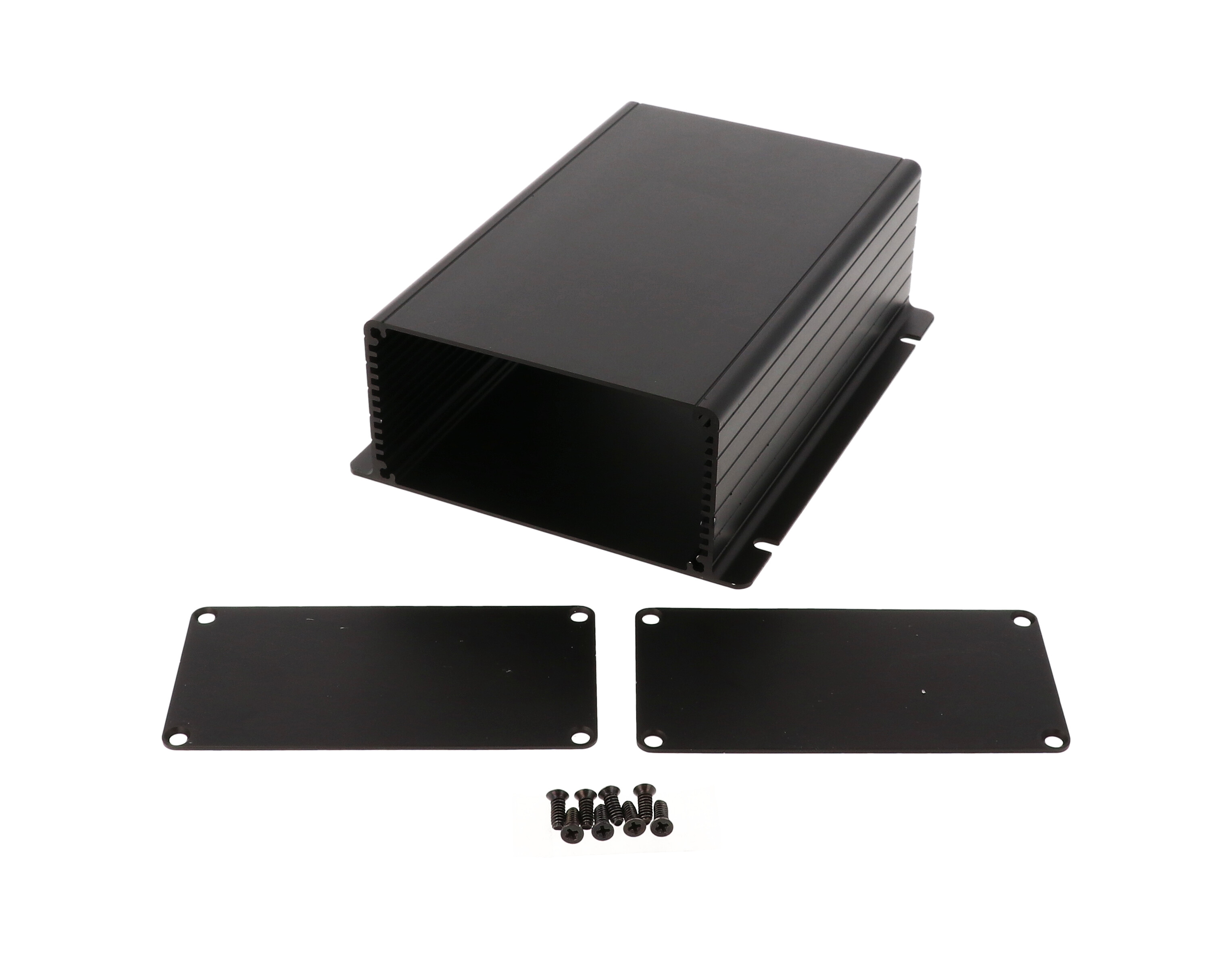1455NF1601BK black anodized extruded aluminum enclosure with integrated slotted mounting flanges
