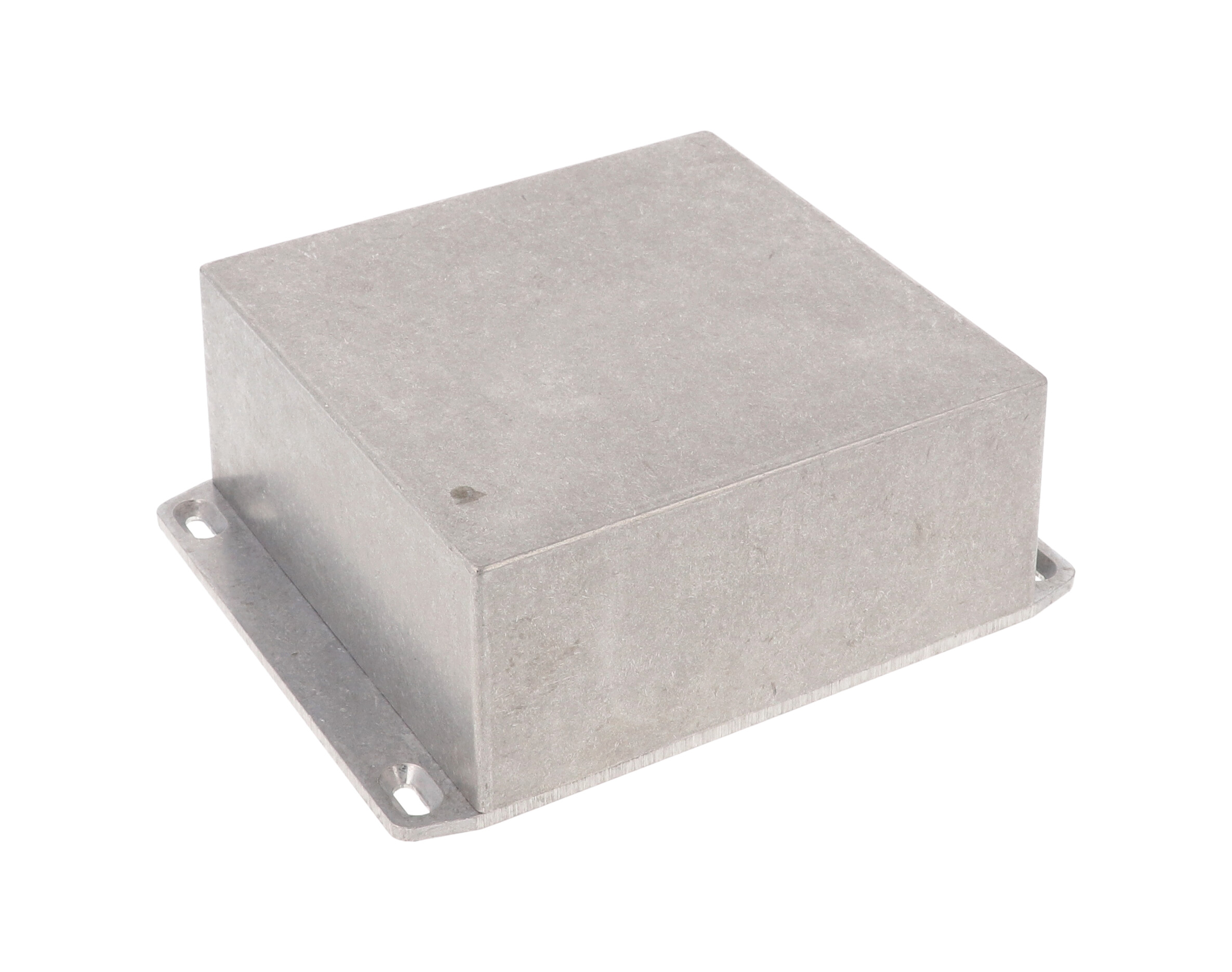 1590KKFL natural diecast aluminum enclosure with wall-mounting flanged lid, 125 x 125 x 57 mm