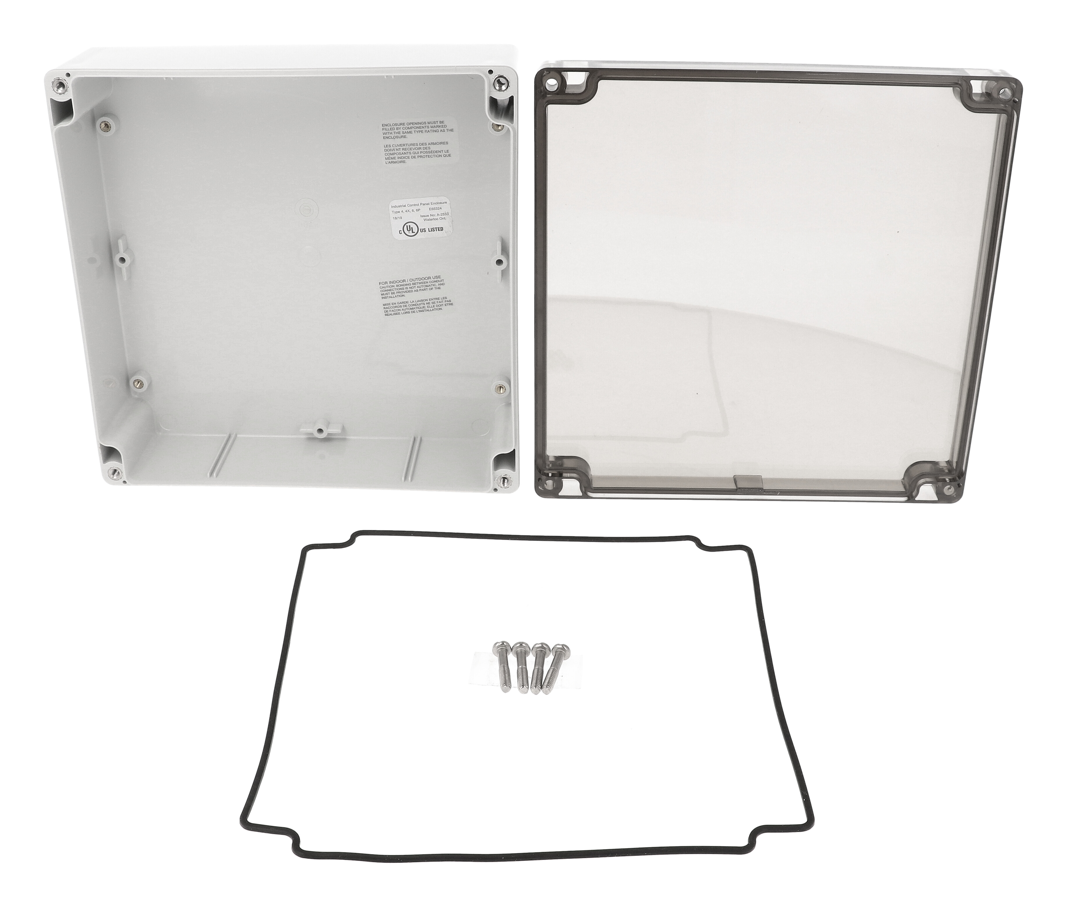 1554W2GYSL square light gray polycarbonate enclosure with smoked screw cover lid, 180 x 180 x 60 mm