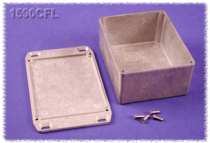 1590CFL natural diecast aluminum enclosure with flanged wall-mounting lid, 119 x 94 x 56 mm