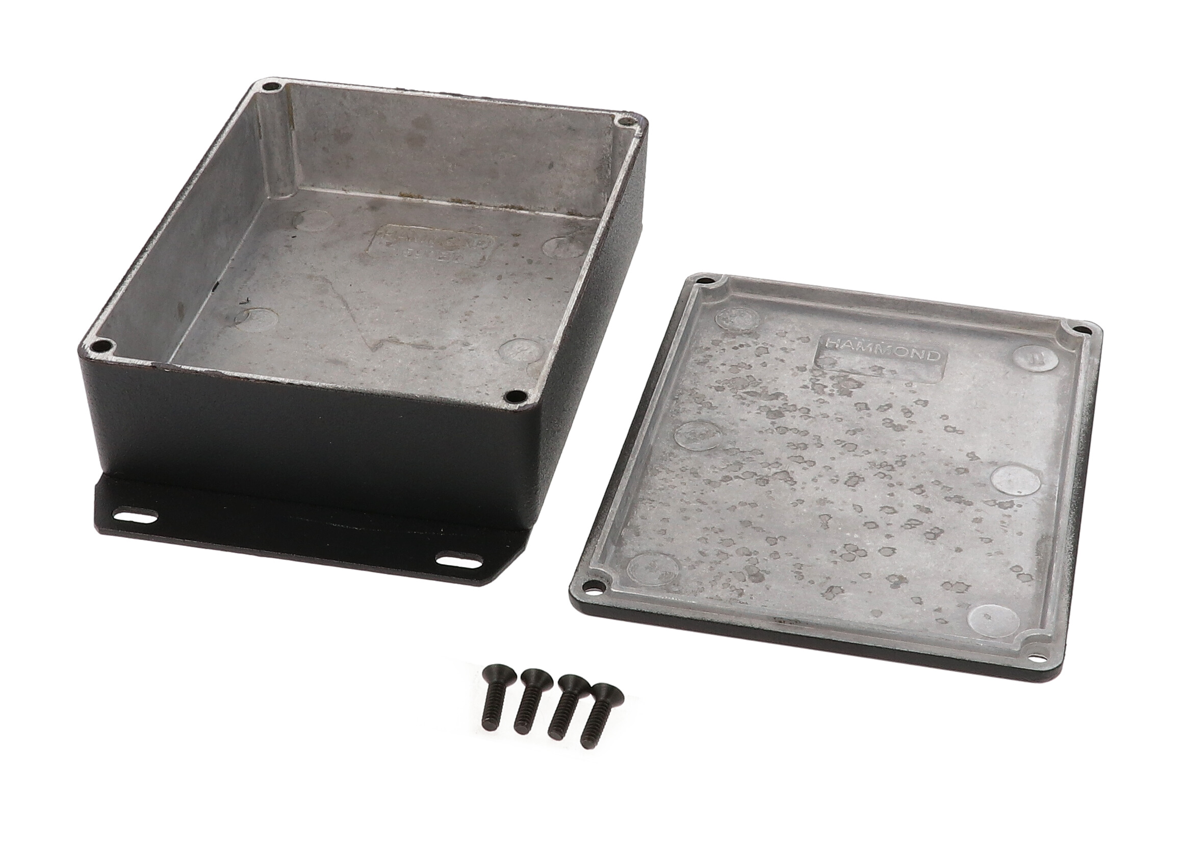 1590BBFBK black textured diecast aluminum enclosure with welded bottom mounting flange