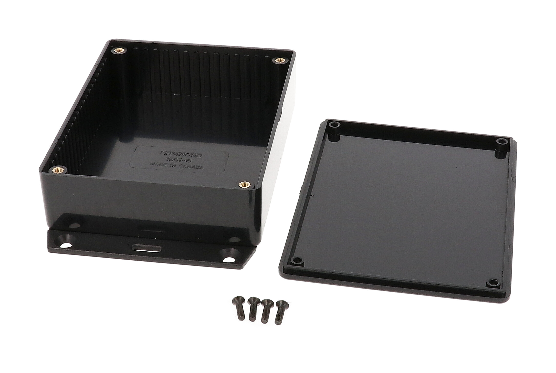 1591GF2BK black flame retardant ABS enclosure with bottom mounting flange