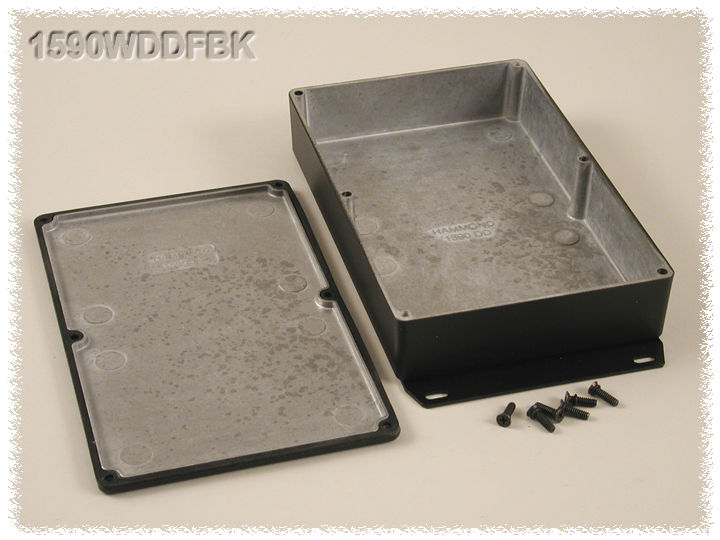 1590WDDFBK textured black watertight diecast aluminum enclosure, 188 mm x 120 mm x 37 mm, with flanged bottom plate