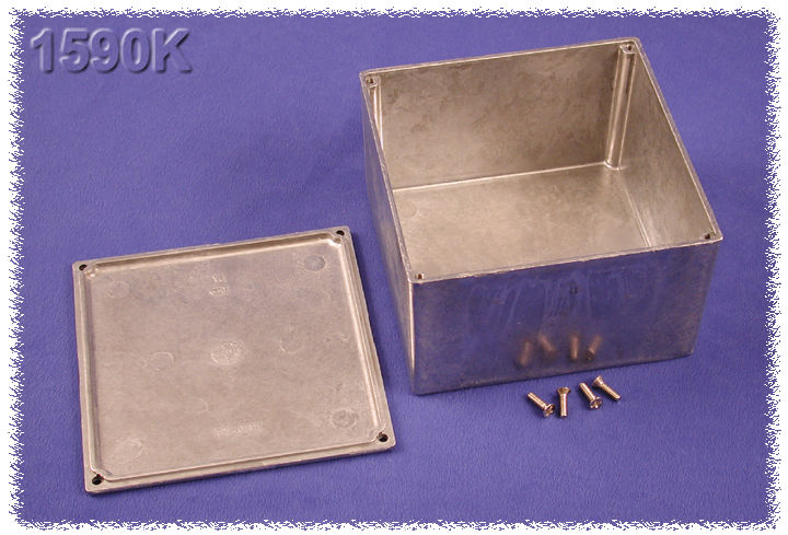 1590K natural diecast aluminum enclosure, 125 x 125 x 79 mm, with lap joint lid and cover screws