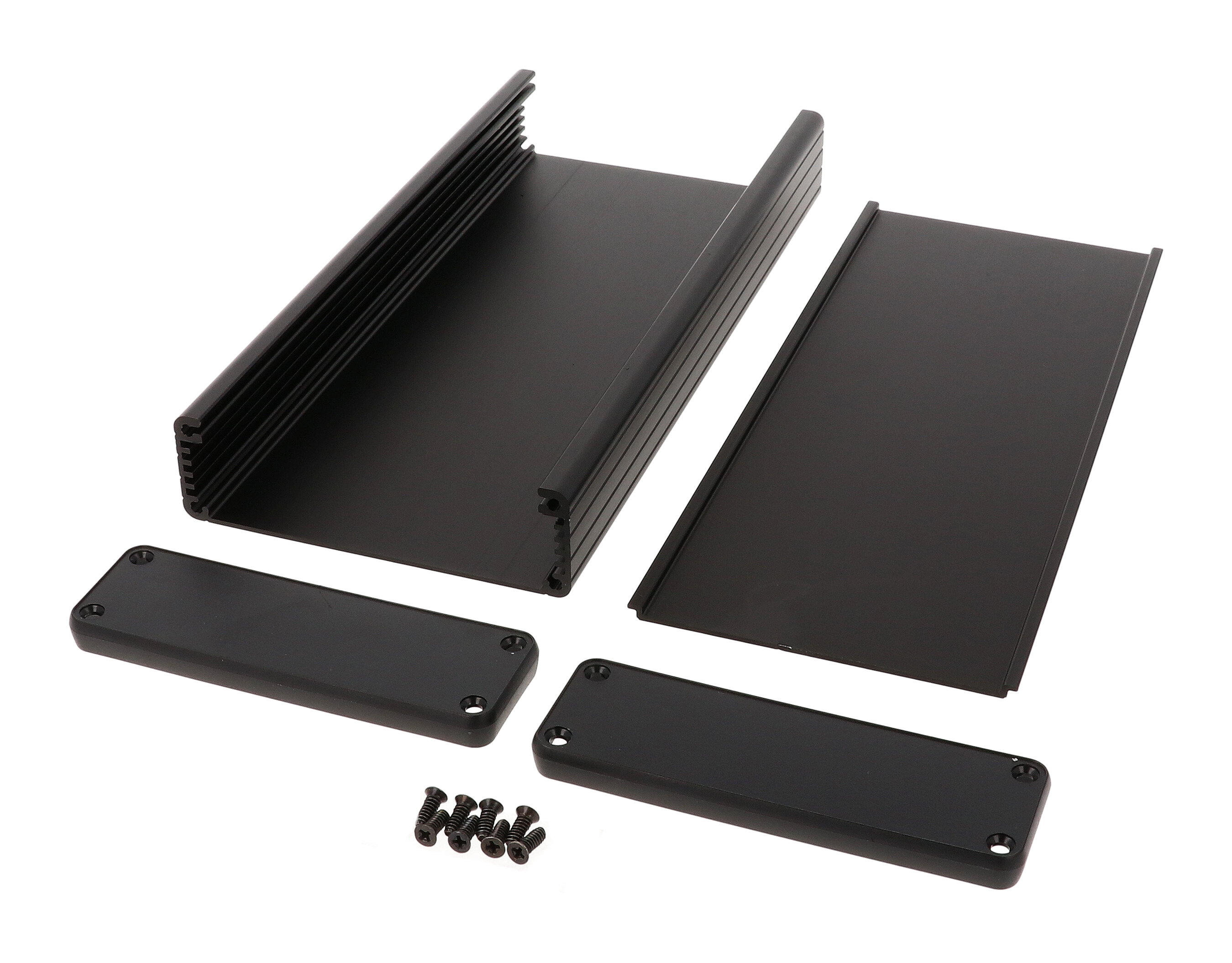 1455L2202BK black anodized extruded aluminum PC board enclosure, 220 x 103 x 30.5 mm, with black plastic end panels