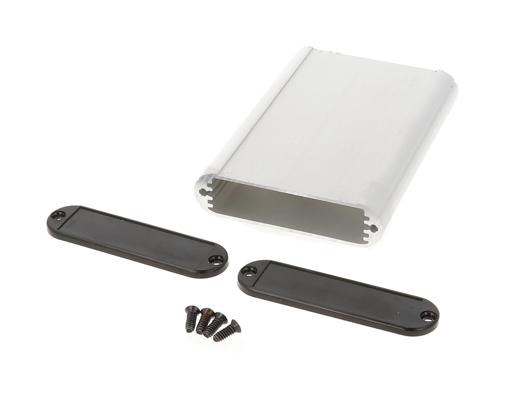1455B1002 clear anodized extruded aluminum PC board enclosure, 100 x 72 x 19 mm, with plastic end panels
