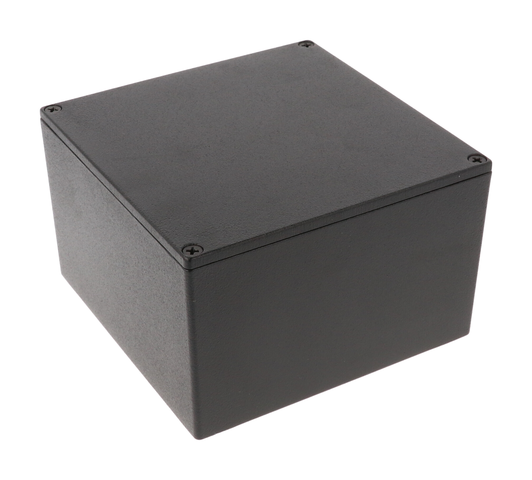 1590KBK black textured diecast aluminum enclosure, 125 x 125 x 79 mm, with black cover screws