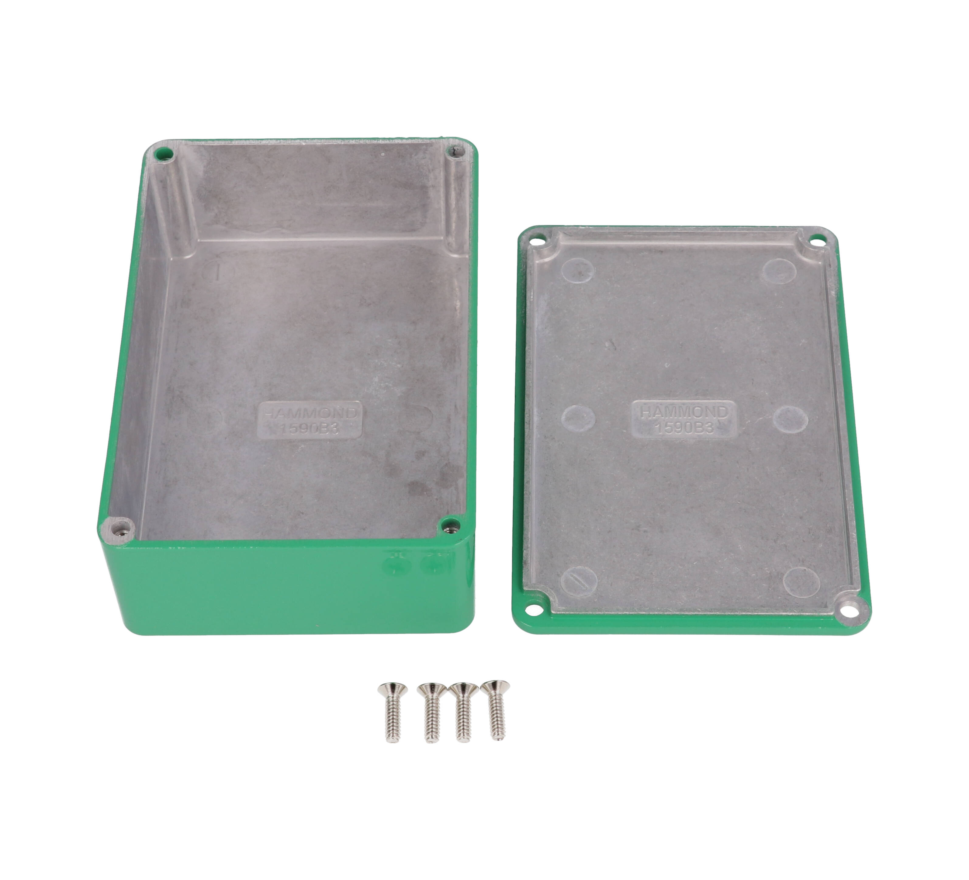 1590B3GR green powder coated diecast aluminum stomp box enclosure, 116 x 77 x 38 mm, with lid