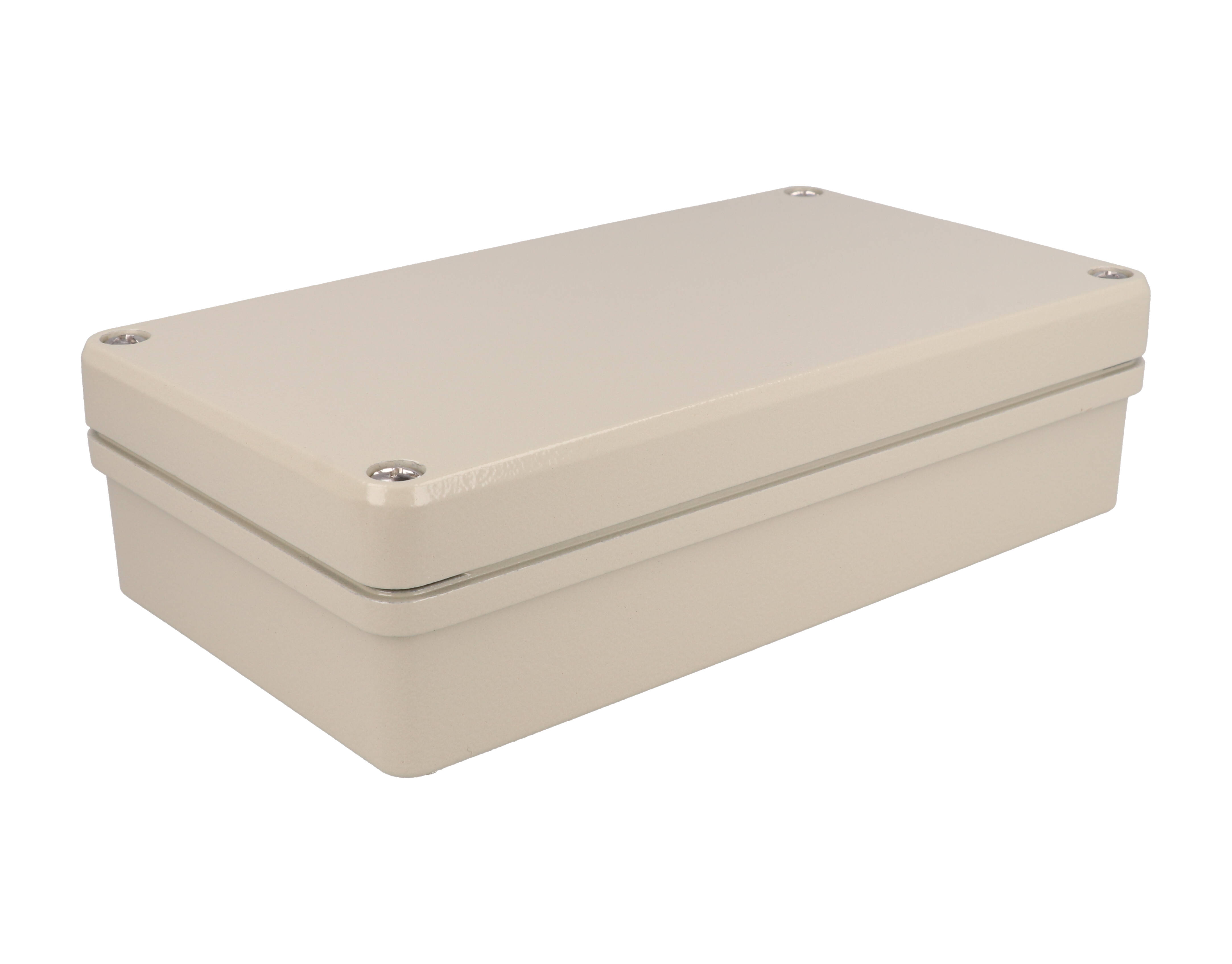 R111-123-000 beige EMI/RFI shielded diecast aluminum enclosure, 125.5 x 225.5 mm, 60 mm deep with lid